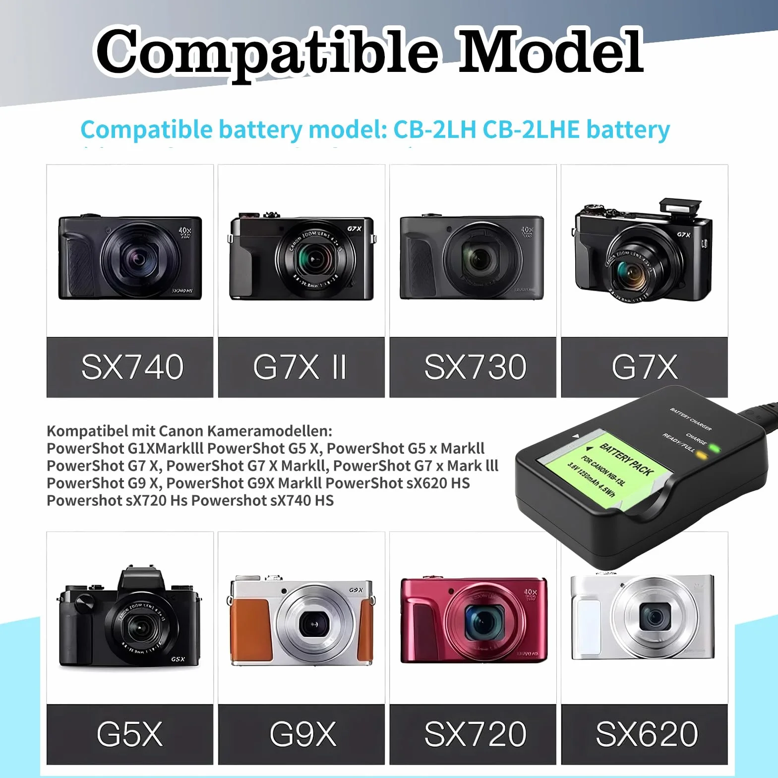 CB-2LH NB-13L Ładowarka do aparatu Canon Powershot G1 X Mark III/G7 X Mark II/G5 X/G7 X/G9 X/G9 X Mark II/SX620 HS/SX720 HS/SX730 HS/SX740 HS Aparat cyfrowy, czarny