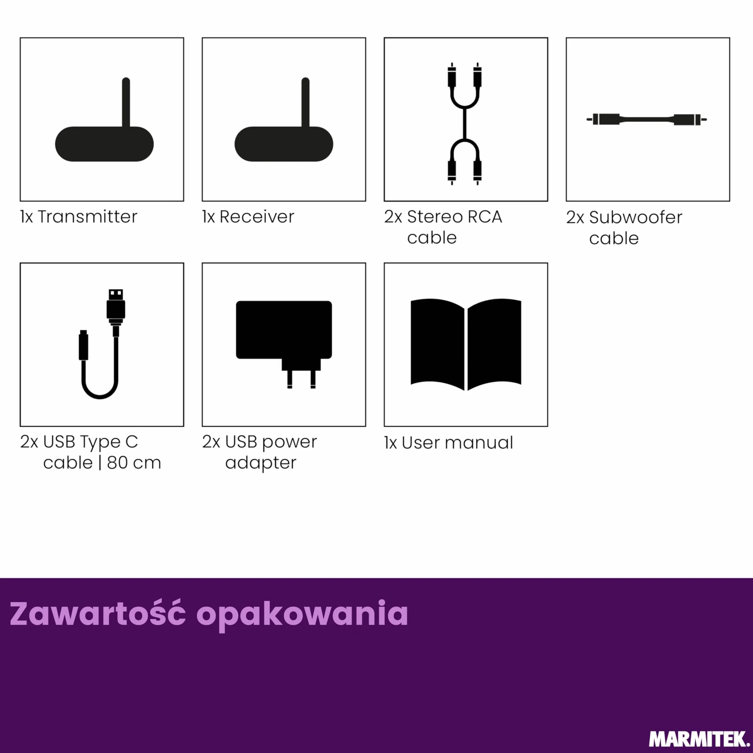 Zestaw bezprzewodowy do subwoofera Marmitek Subwoofer Anywhere 640 - Sub aktywny LFE/Line - Cyfrowa stabilna transmisja, pozłacane RCA, auto standby - USB-C