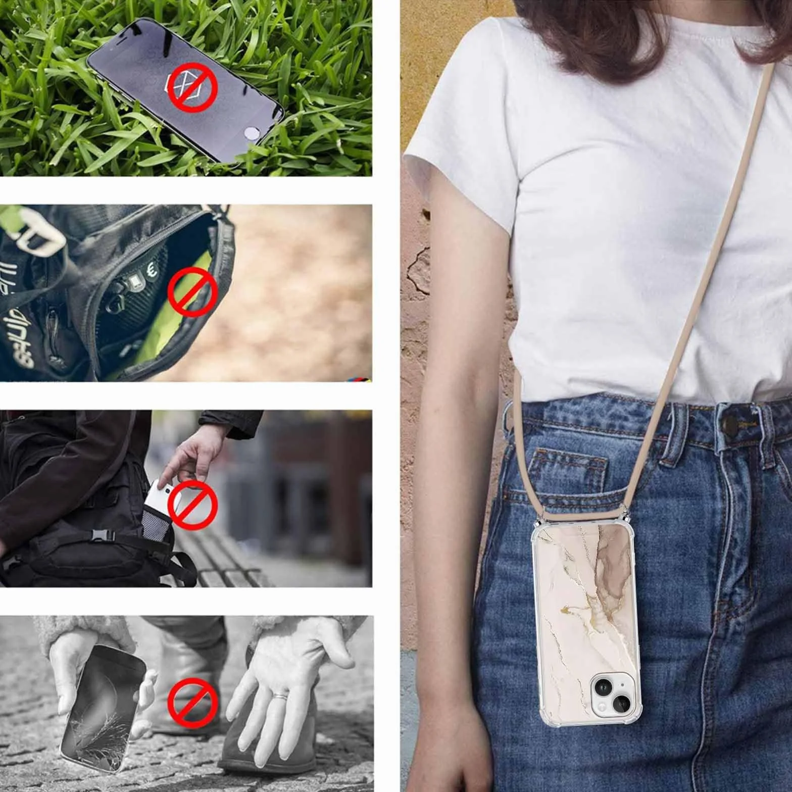 Yoedge Etui z paskiem na iPhone 15 6,1" Etui z paskiem, przezroczne, estetyczne wzór marmurowy, etui dla dziewczyn z sznureczkiem do zawieszenia, miękkie etui z silikonu TPU + PC, odporne na uderzenia