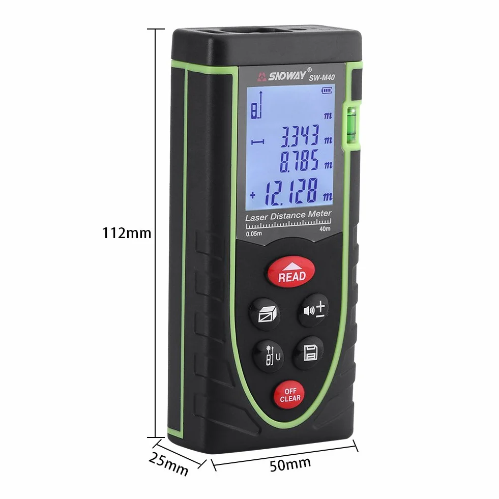 Dalmierz cyfrowy Dalmierz ręczny Ręczny dalmierz 1 mm do 40/60/80/100 m z dużym podświetlanym wyświetlaczem LCD i poziomicą do użytku wewnątrz i na zewnątrz (40 m)
