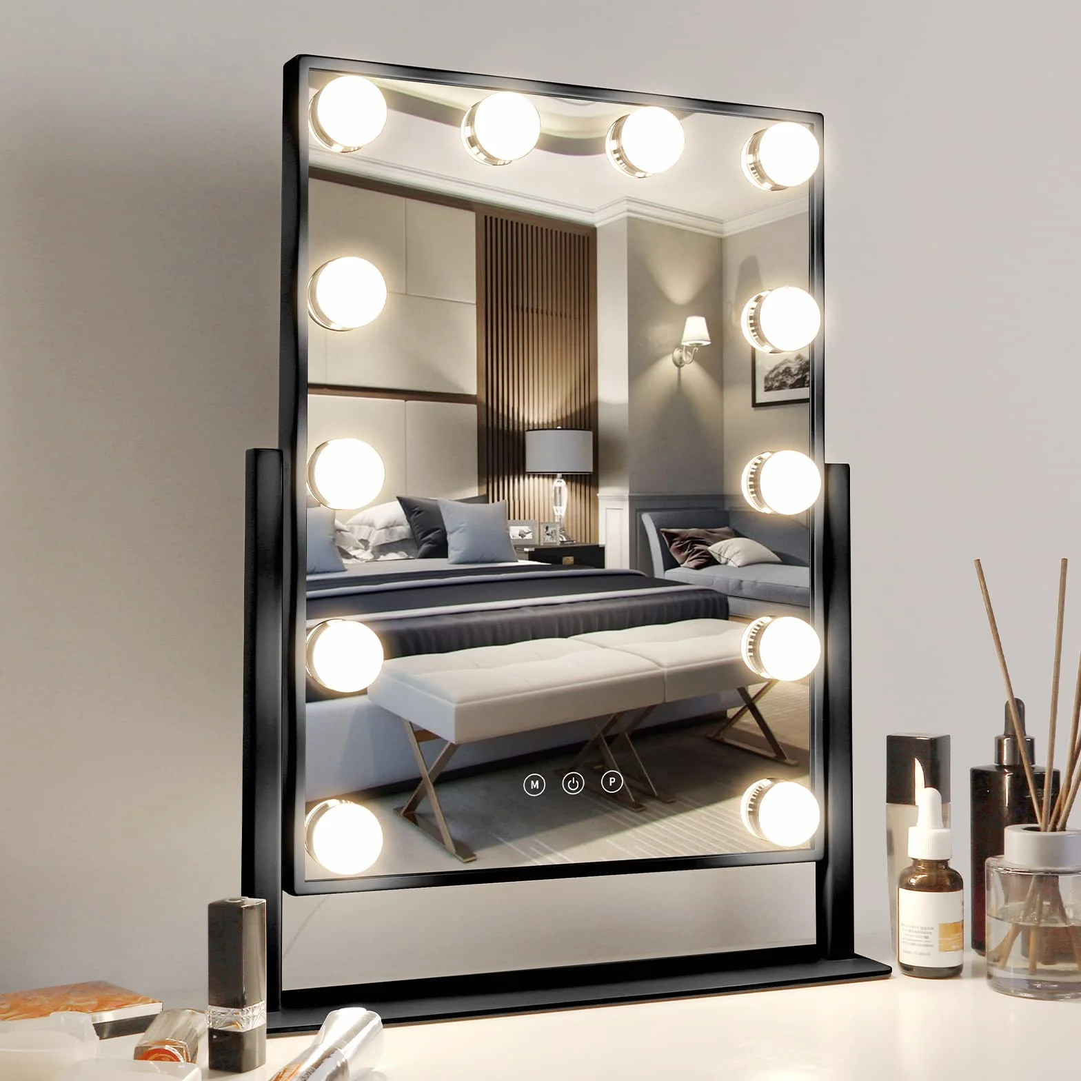 Meidom Lusterko do makijażu z oświetleniem, 12 ściemnianych diod LED, obracane o 360°, 3 kolory światła, ekran Smart Touch, lustro Hollywood z oświetleniem, czarne, 36 x 47 cm