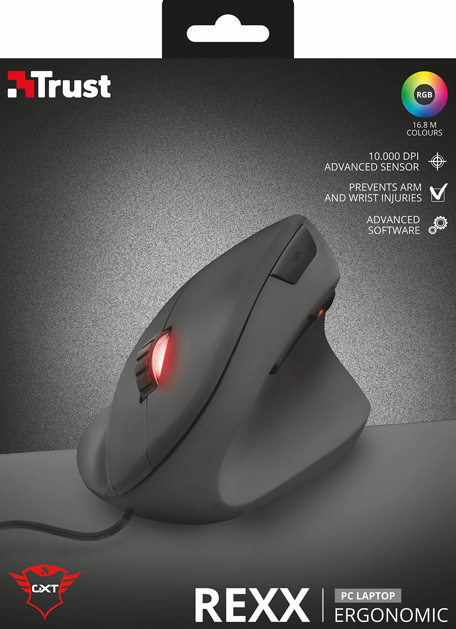 Trust Gaming GXT 144 Rexx Myszka Gamingowa, Ergonomiczna Mysz Pionowa dla Graczy, 250-10000 DPI, Podświetlenie LED, 6 Programowalnych Przycisków, Zaawansowane Oprogramowanie, Komputer, Laptop, PC