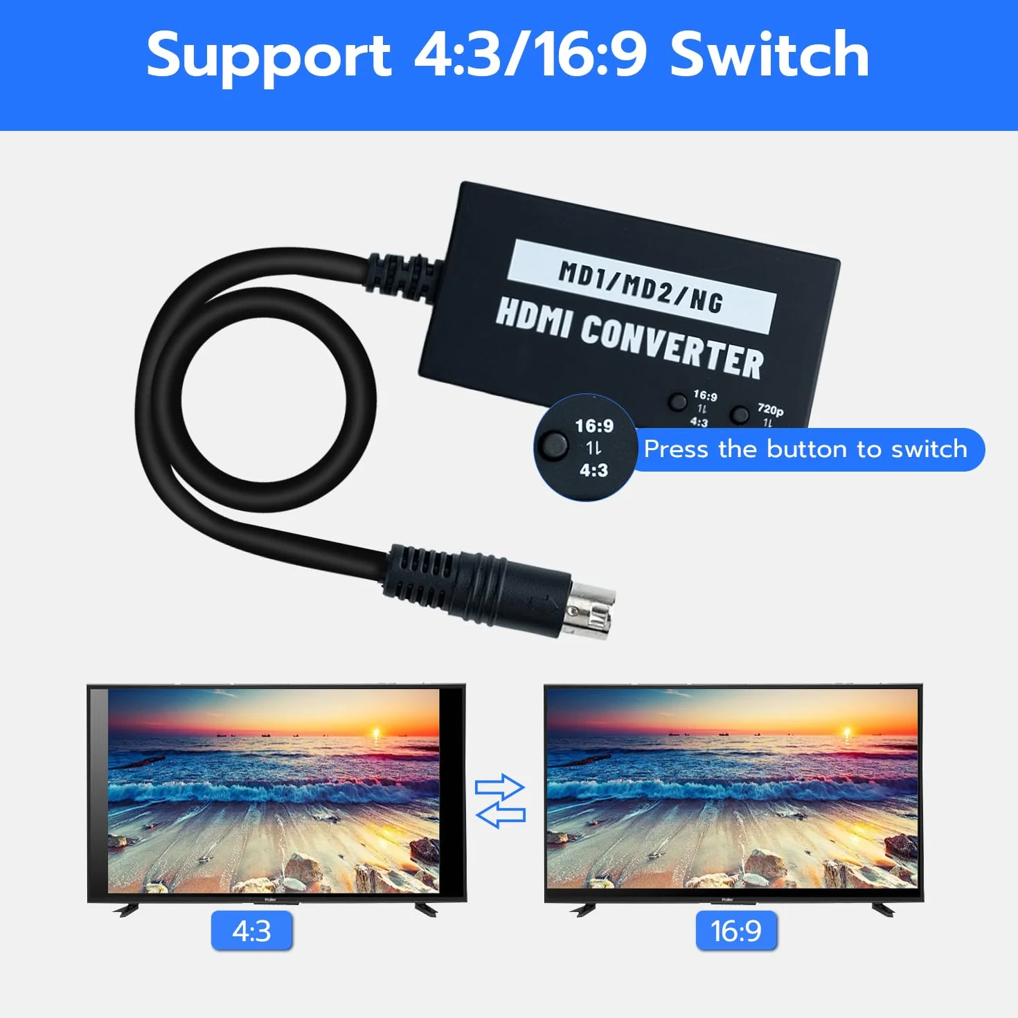 Mcbazel Seamless Mega Drive/NEOGEO HDMI Adapter for HDTV, Multifunction Video Converter 4:3/16:9, 720P/1080P for Mega Drive 1/Mega Drive 2/NEOGEO