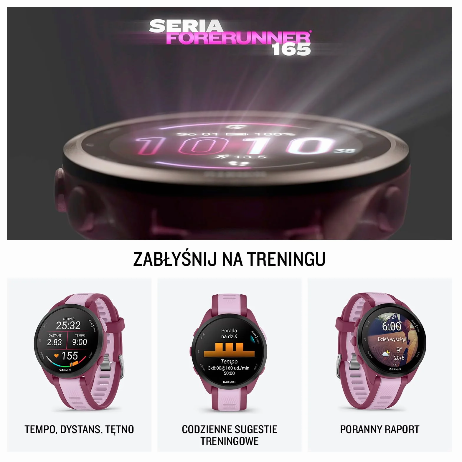 Garmin Forerunner 165 Music Smartwatch GPS Do Biegania AMOLED Berry