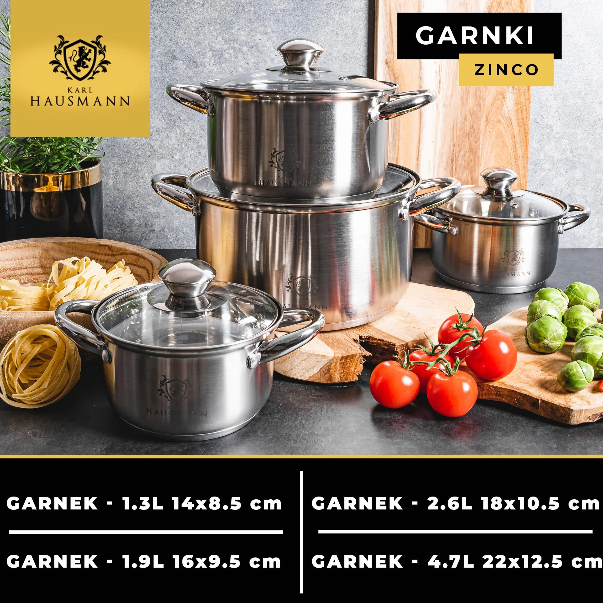 KARL HAUSMANN Zestaw Garnków ze Stali Nierdzewnej 18/0-4 Elementy - Garnki z Pokrywkami i Wewnętrzną Miarką - Na Wszystkie Kuchenki, w tym Indukcję i Kuchenka Gazowa