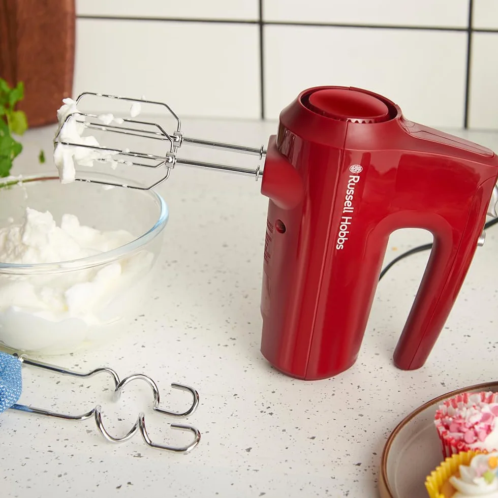 Russell Hobbs Mikser ręczny [Blender ręczny] Desire Red (5 Prędkości + Funkcja pulsacyjna, 2 Chromowane trzepaczki i haki do ciasta, Możliwość mycia w zmywarce, duża moc 350W) 27152-56