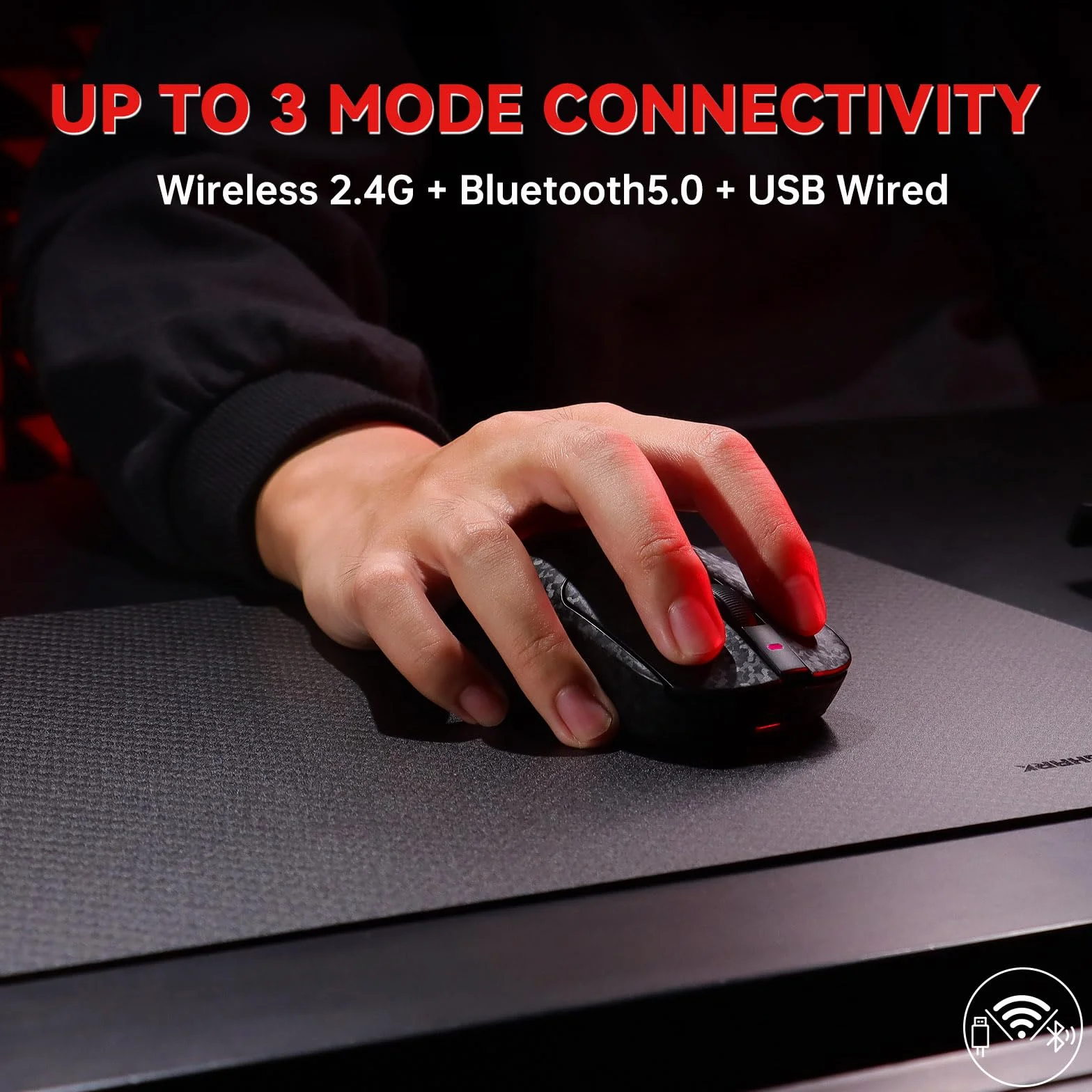 A.JAZZ AJ199 Mysz Gamingowa z Włókna Węglowego, Wireless 2,4G/BT/USB C, Ultralekka 55 g, Czujnik Optyczny PixArt PAW3311 24000 DPI, 1000 Hz, 6 Przycisków, PC/Mac - Czarna