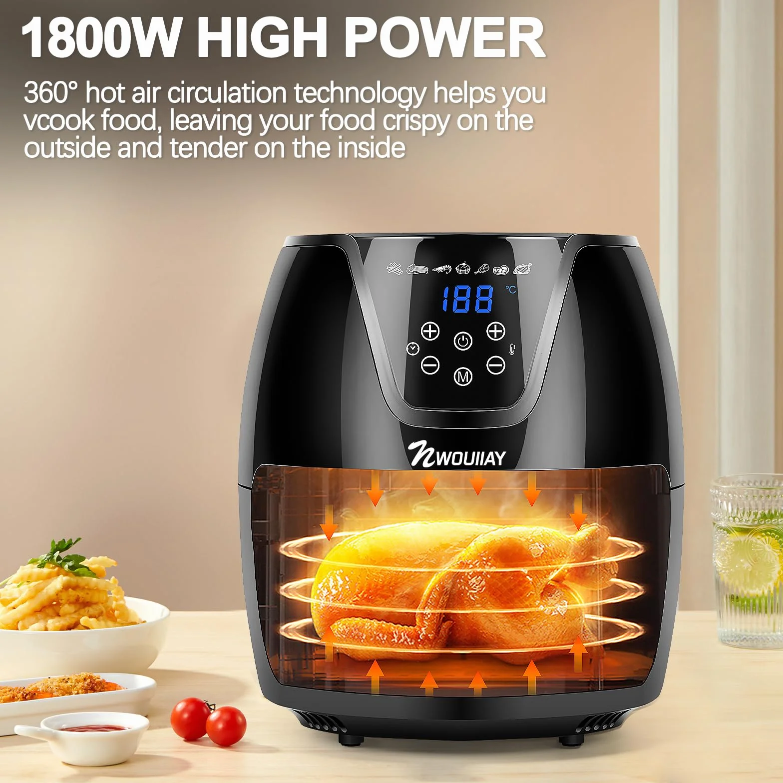Frytownica na gorące powietrze 1800 W, cyfrowy ekran dotykowy LED, 5,5 l, 7 programów