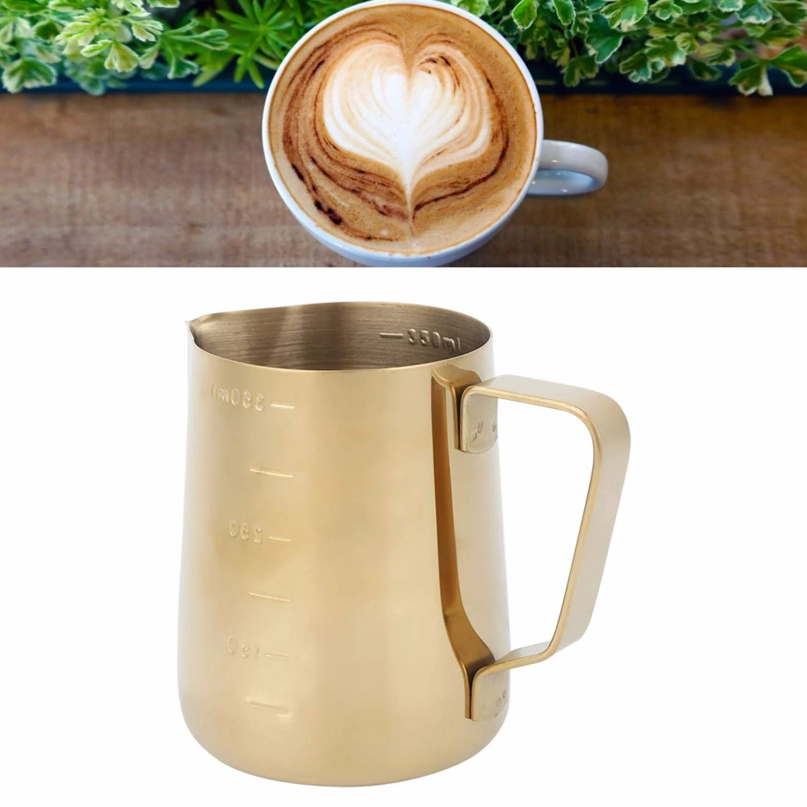 Kubek na mleko ze stali nierdzewnej 350 ml do latte z ergonomicznym uchwytem złoty