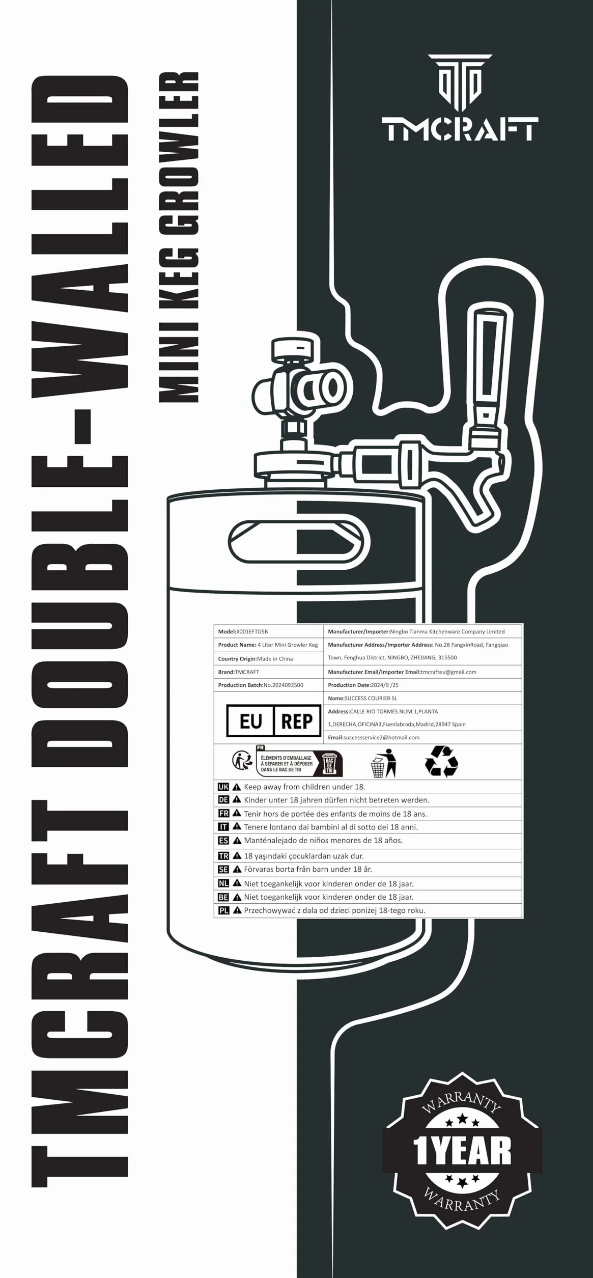 TMCRAFT Mini keg growler z podwójnymi ściankami, regulowany ciśnieniem, system dozowania piwa domowego ze zdejmowanym kranikiem i regulatorem, utrzymuje świeżość i węglowanie do piwa rzemieślniczego