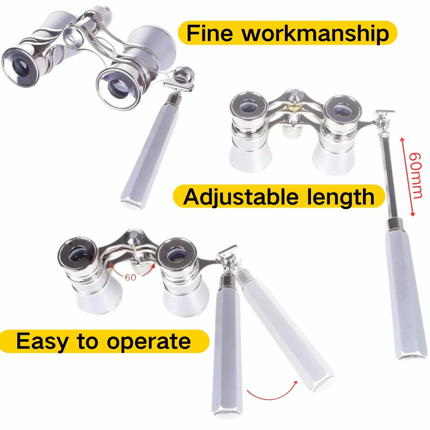 3 x 25 Opera Theater Horse Racing Glasses Binocular Telescope with Handle/Accessory Kit Women Telescope (Silver)