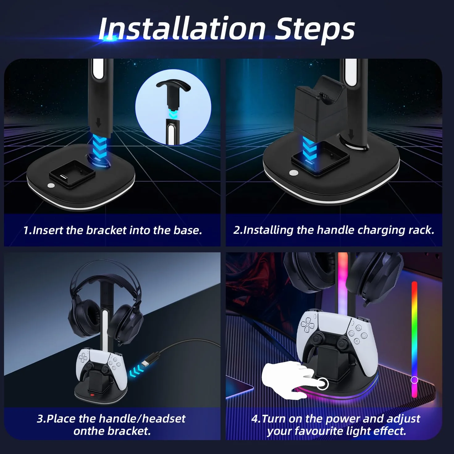 Mcbazel Stacja ładująca kontrolera PS5 ze stojakiem na słuchawki do gier RGB, szybka stacja ładująca z 2 portami USB do PS5 i kontrolera DualSense Edge, organizer na biurko RGB, czarny (nie dla PS5