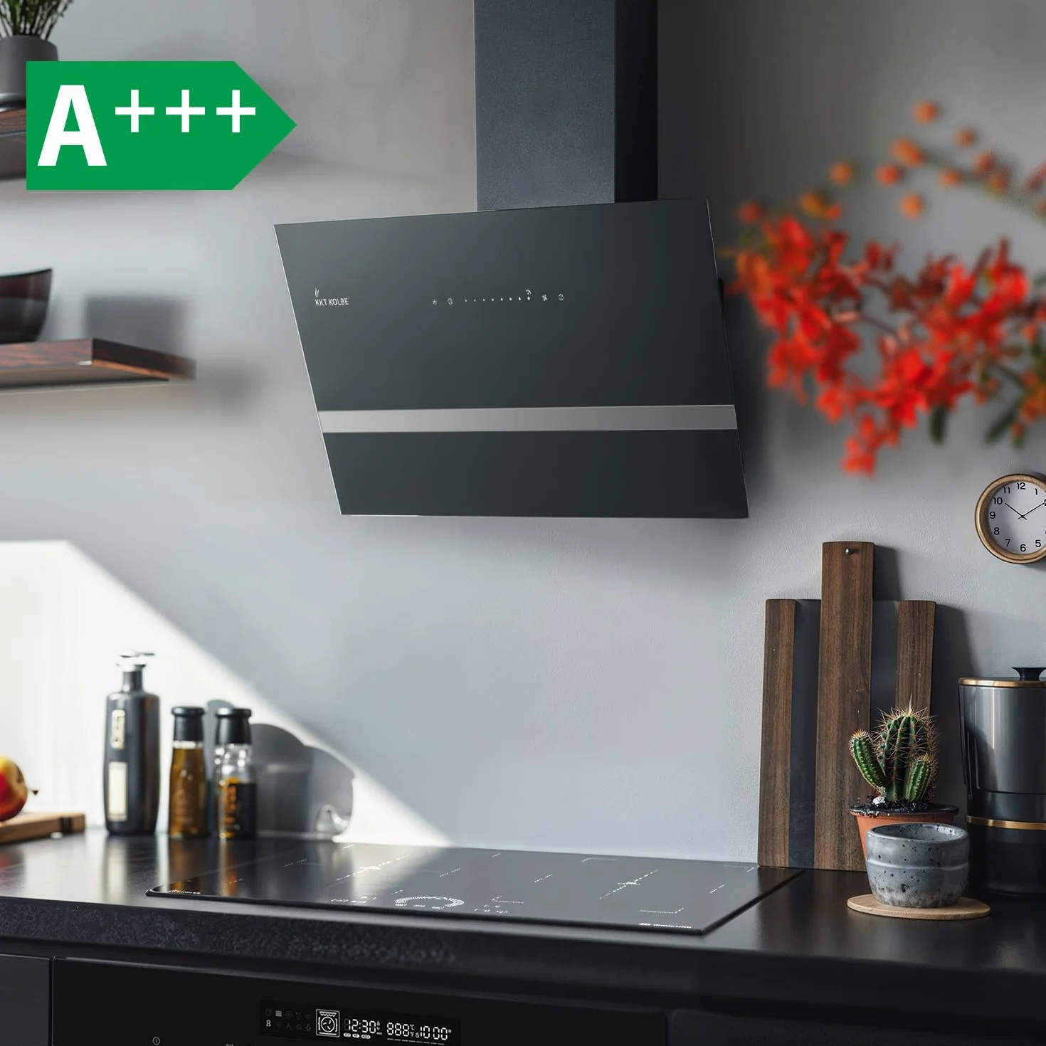 KKT KOLBE okap kuchenny 60 cm | 782 m³/h obieg powietrza / wyciąg powietrza | niezabudowany | okap ścienny | czarne szkło | inteligentna aplikacja WiFi App WLAN | oświetlenie RGBW LED | EASY6005SM