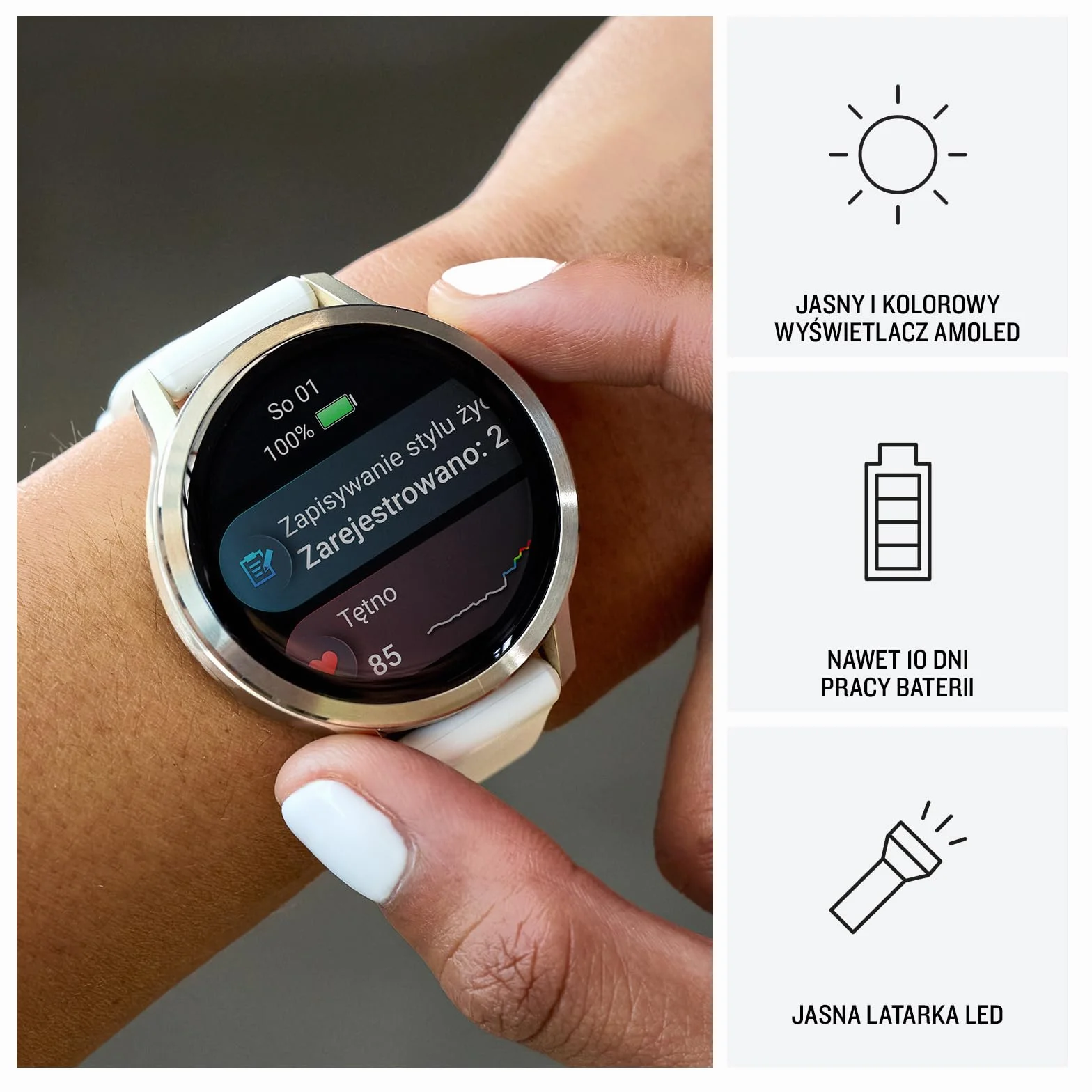 Garmin Venu 4 Premium Smartwatch GPS 41mm, AMOLED, Latarka LED, Lunar Gold/Bone