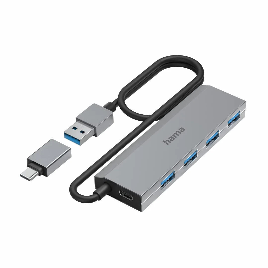 Hama Kompaktowy hub USB C z 4 portami USB A (5 Gbps, USB 3.2 Gen 1, duży rozstaw gnhiazd, kabel 1m) antracyt