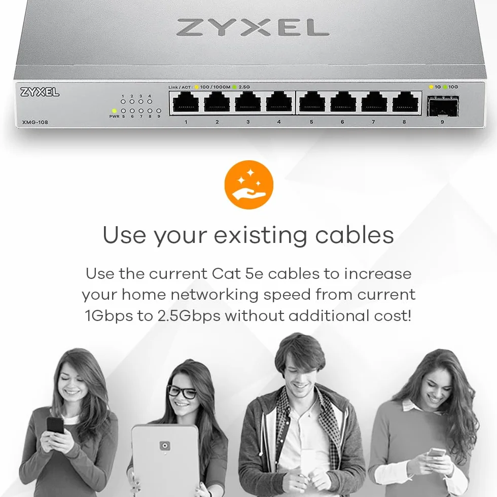 Zyxel 8-portowy przełącznik 2,5 G Multi-Gig Unmanaged Switch z 1 x 10G SFP+ | montaż na stole lub ścianie [XMG-108]