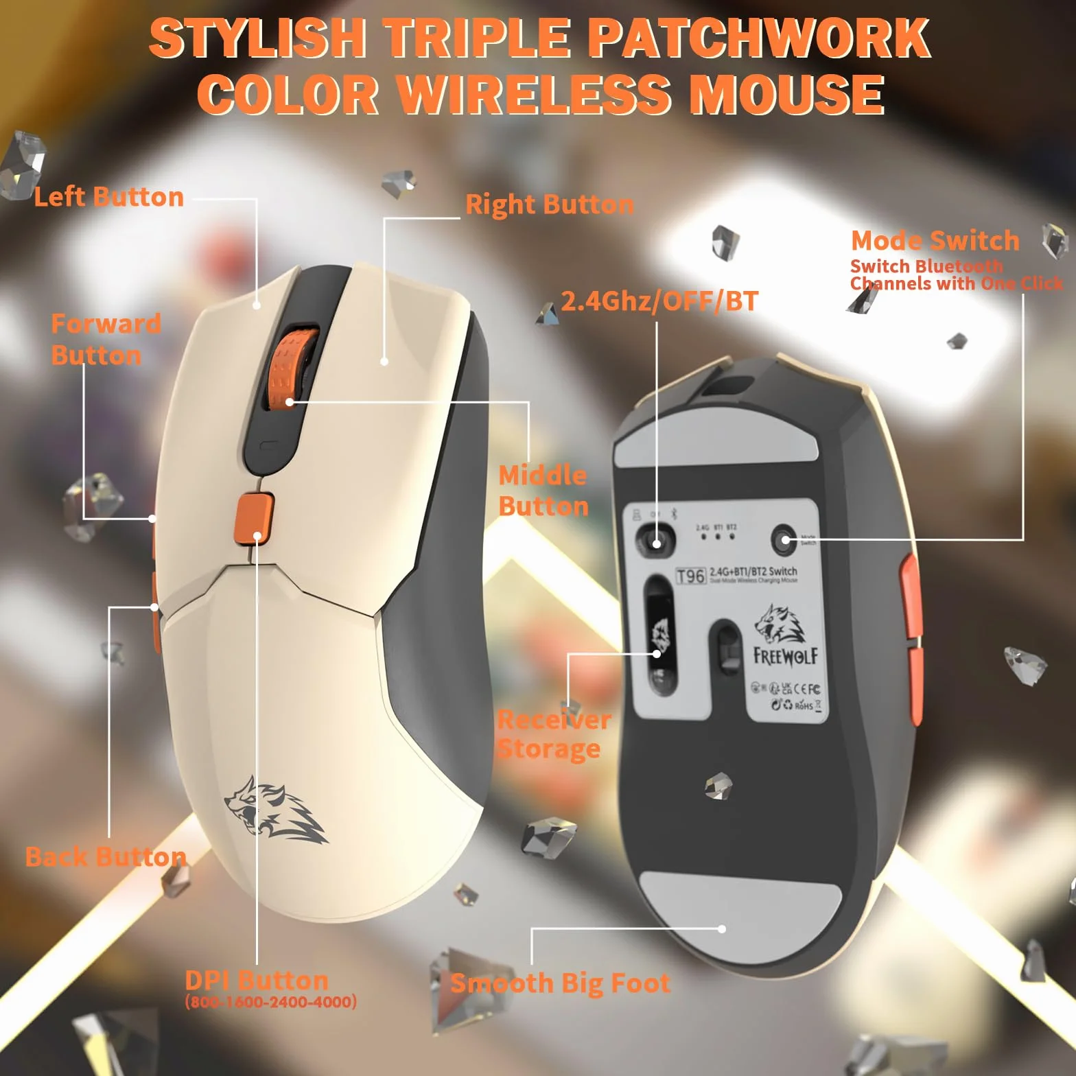 ZIYOU LANG×FREEWOLF T96 Bezprzewodowa Klawiatura i Mysz do Gier, Bluetooth/2,4 GHz, Mądry Pokaz i Pokrętło, Podświetlenie Tęcza Diodą, Klawiatura QWERTY Akumulatorem i Radiowy Komputer Myszą-Shimmer