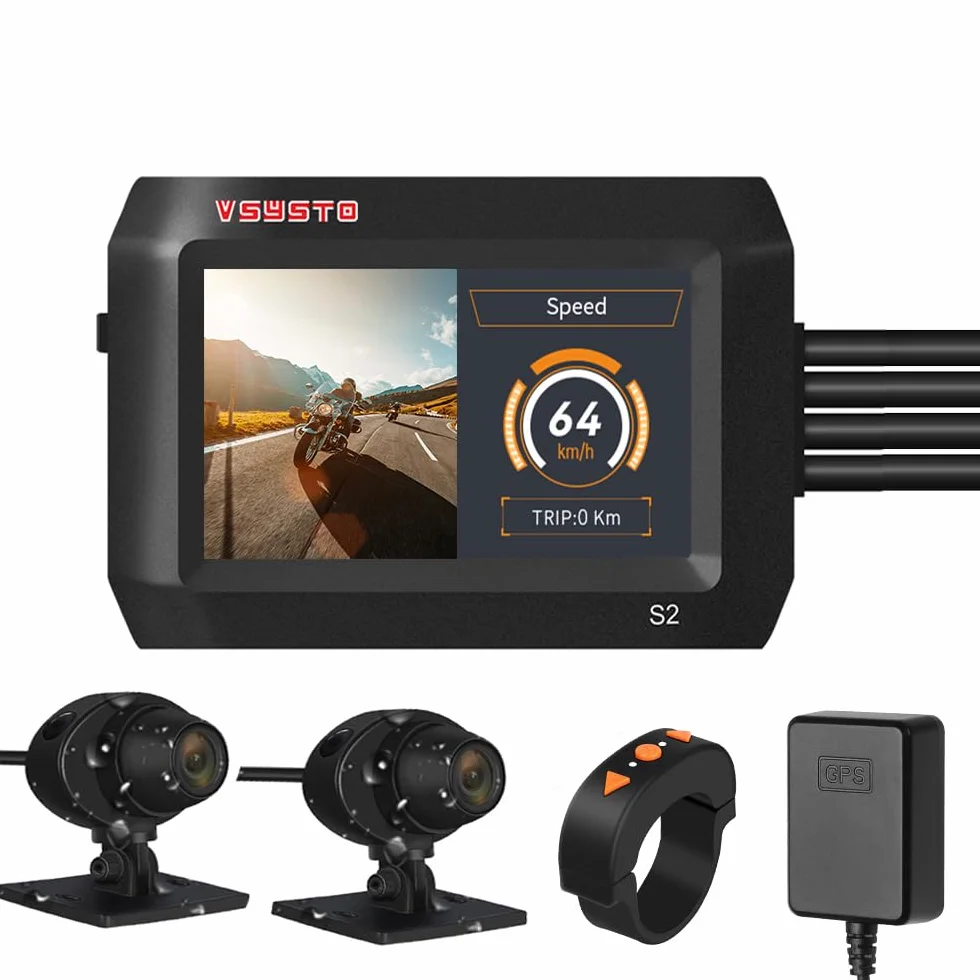 VSYSTO Rejestrator Jazdy Motocyklem Nadzór Parkowania Flameout Video Podwójna Kamera Przednia i Tylna 1080P 140 ° Szeroki kąt 3-calowy Ekran IPS WiFi GPS Pełne Ciało Wodoodporny Noktowizorz