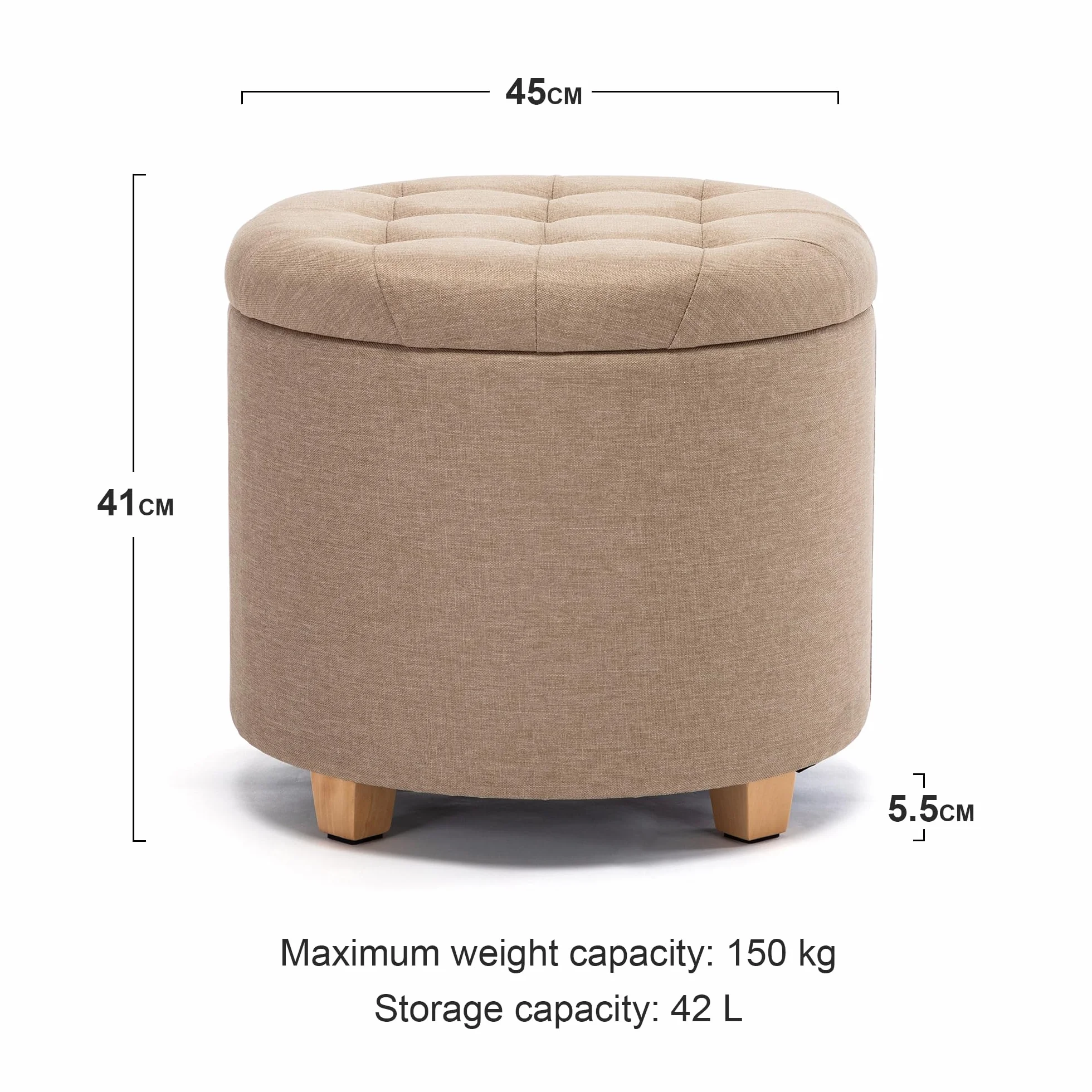 HNNHOME Okrągły lniany wyściełany podnóżek, pufy, krzesło z pokrywkami, 45 cm, beżowe