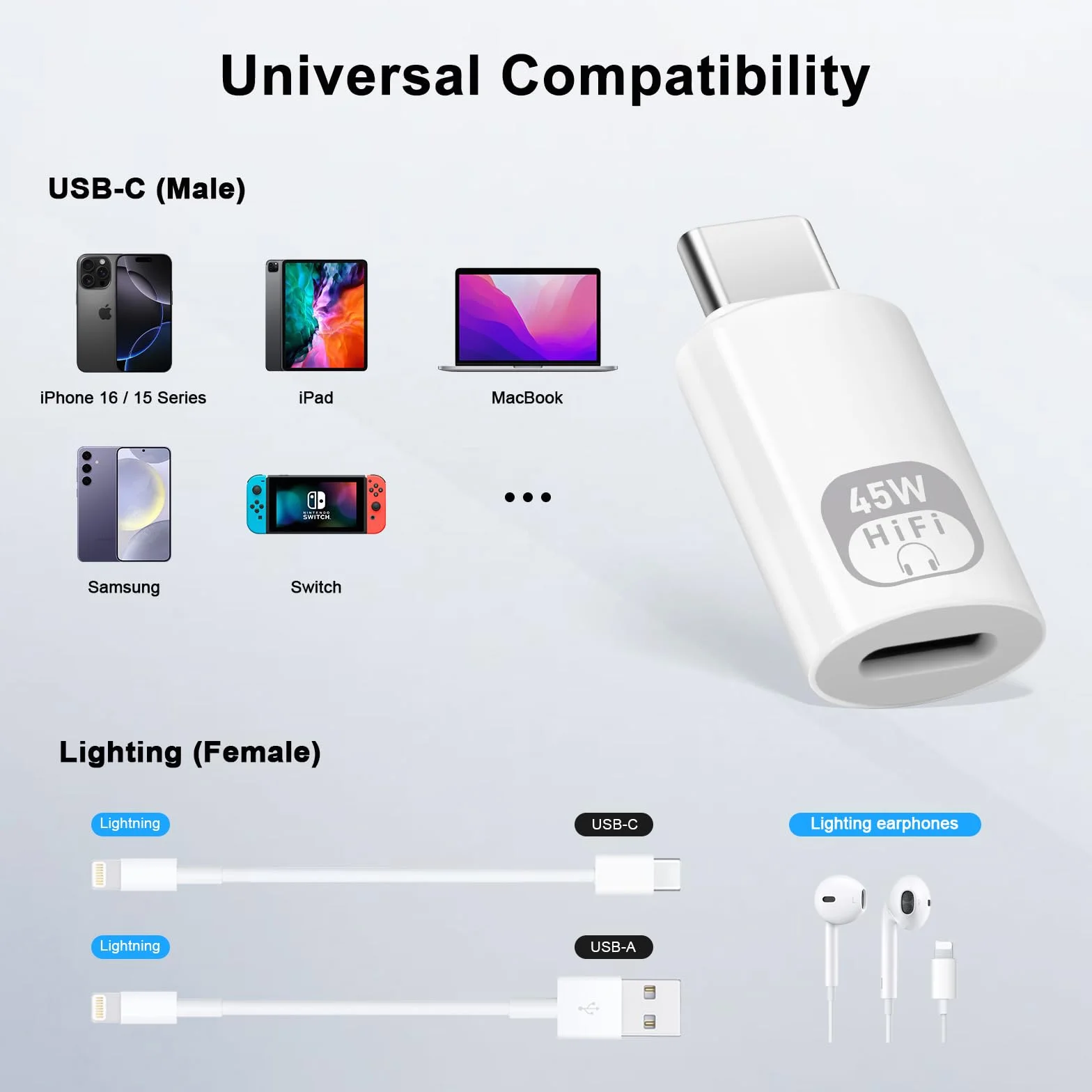 Adapter audio USB C na Lightning, 3w1 typu C męski na Lightning żeński z konwerterem danych i ładowaniem dla iPhone'a 16/15 Series, iPada i innych (biały)