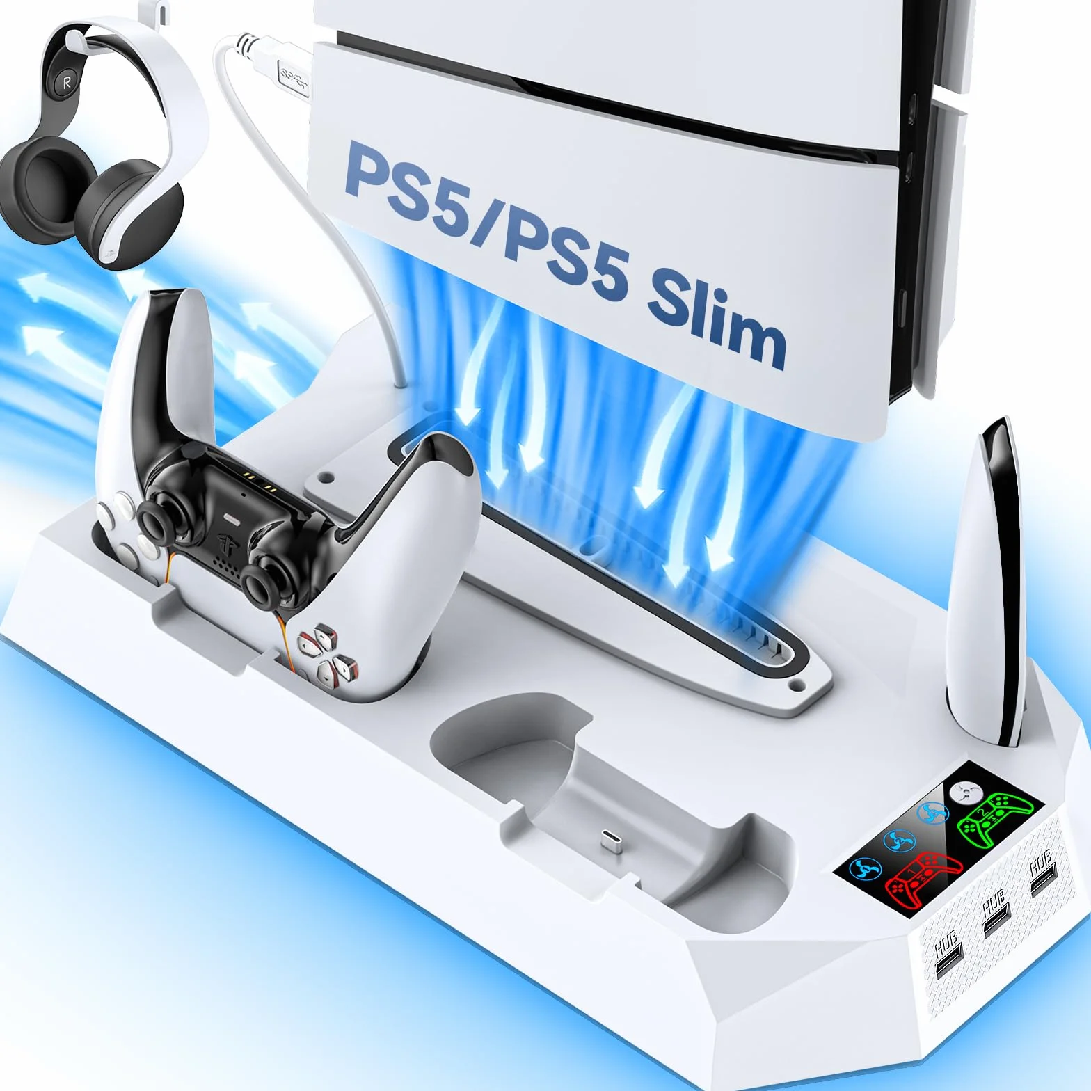 Stojak PS5/Pro ze stacją ładującą kontroler do wszystkich konsol PS 5, stojak chłodzący PS5 z 3 poziomami wentylatora chłodzącego/uchwytem na słuchawki, akcesoria PS5/Slim z 3 koncentratorami USB
