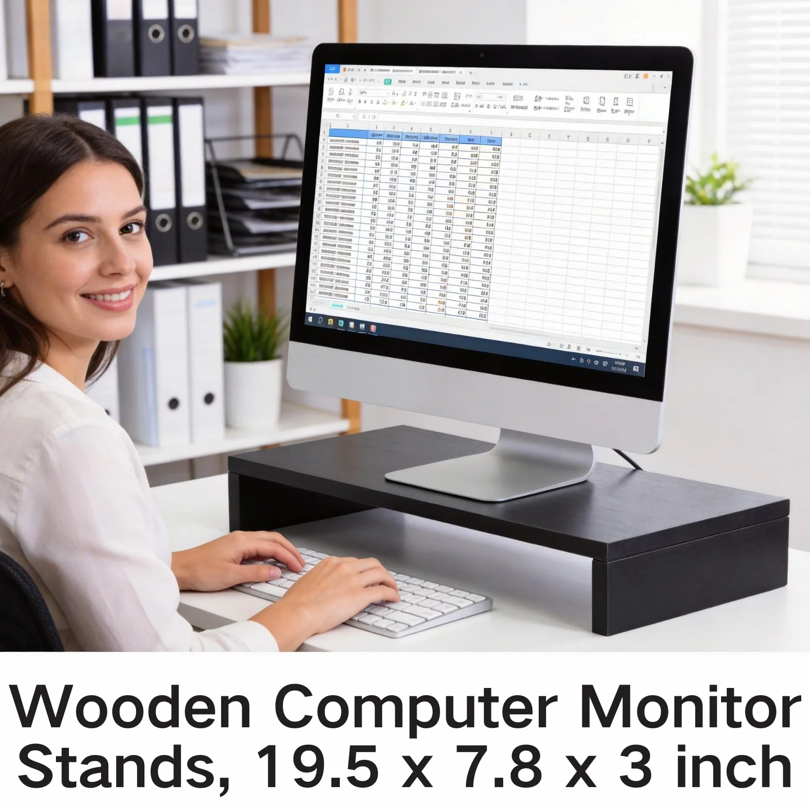 Podstawka pod monitor z drewna, organizer na biurko, LED, LCD, podwyższenie monitora komputera, notebooka, TV, uchwyt, organizer, regał, 50 x 20 x 7,7 cm (czarny)