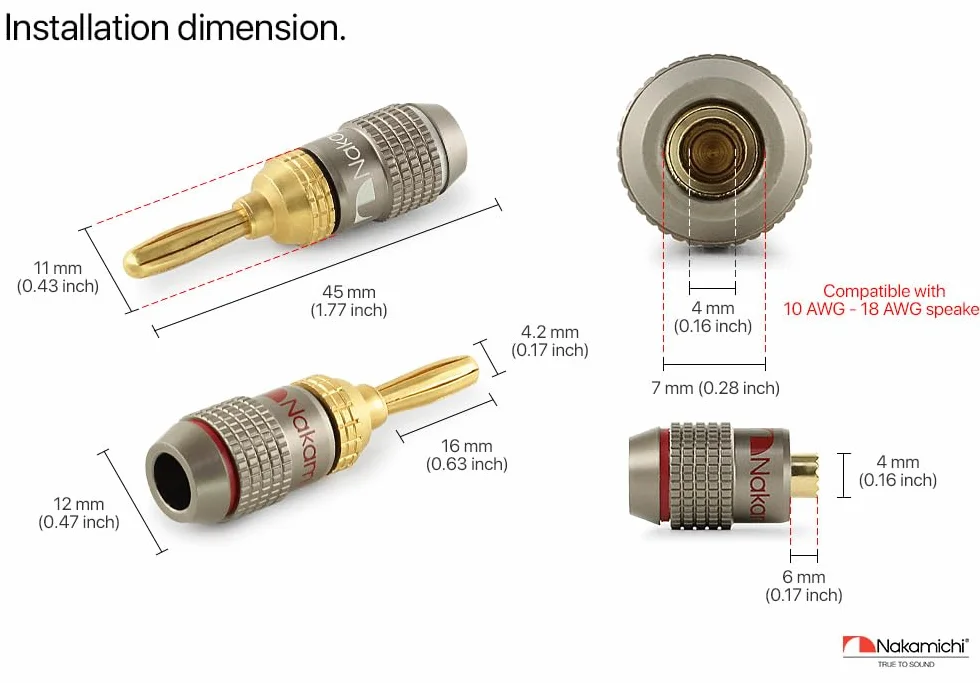 Nakamichi FanLock Wtyk bananowy platerowany 24-karatowym złotem 10 AWG - 18 AWG Rozmiar miernika 4 mm dla głośników Wzmacniacz Hi-Fi Stereo Kino domowe Kabel audio Szybkozłącze, 8 Sztuki (4-Pary)