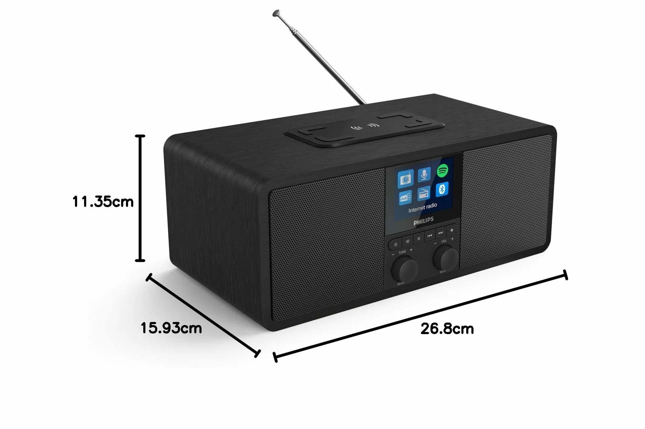 Philips Audio Radio internetowe R8805/10 DAB+ radio ze złączem Spotify (Bluetooth, minutnik snu, podwójny alarm, podkładka ładująca Qi do telefonu komórkowego, USB) czarny