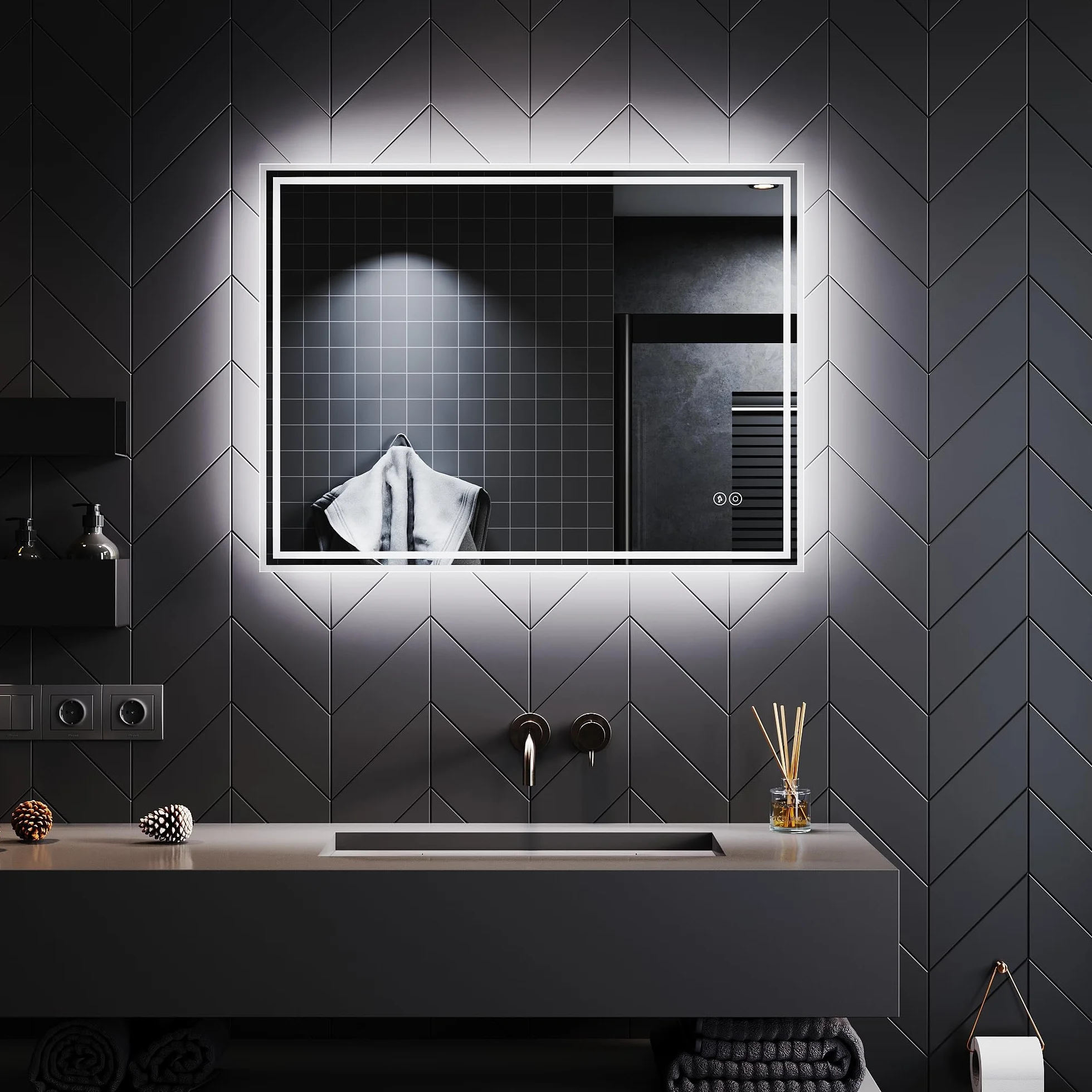 SONNI Lustro łazienkowe z oświetleniem 80x60 cm Bluetooth 5.0 LED bez zaparowania przełącznik dotykowy IP44 6400K