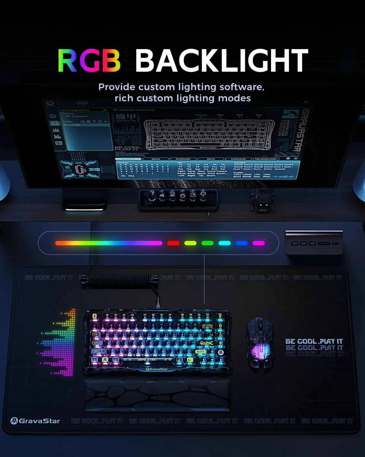 GravaStar Mercury K1 Lite Klawiatura Bezprzewodowa, 75% RGB Wymiana na gorąco Klawiatura Niestandardowa, Wstępnie Nasmarowane Przełączniki Liniowe Klawiatura Mechaniczna, Przezroczysty Czarny