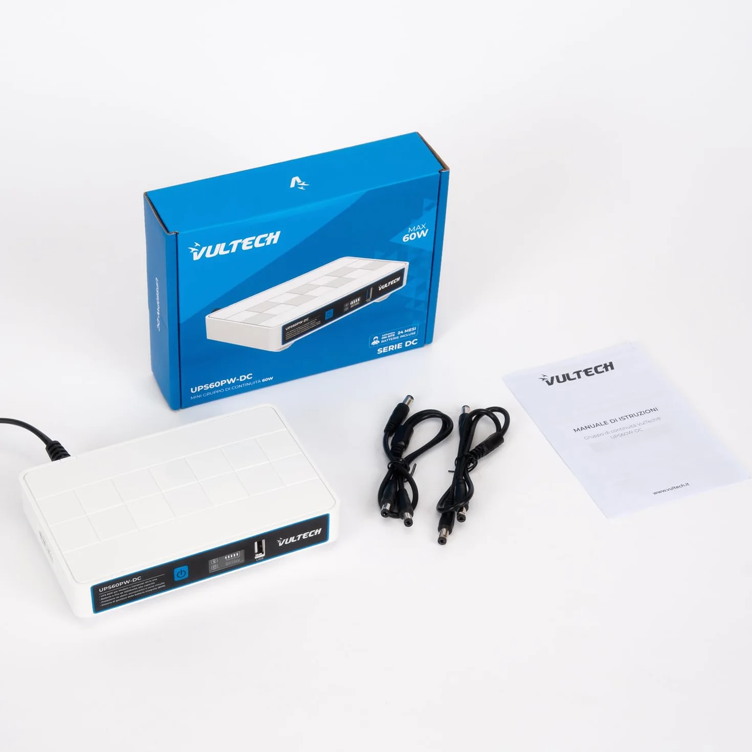 VulTech UPS60PW-DC Biały Mini UPS 12000 mAh 60 W Przenośny zasilacz awaryjny do routera bezprzewodowego modemu Kamera Power Bank Smartphone Wejście 100-240 VAC USB 5V DC 12V