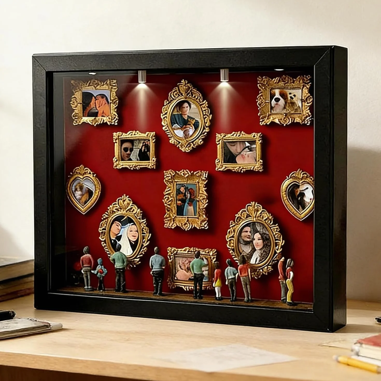 Vintage miniaturowa ramka na zdjęcia mini muzeum pudełko ze złotą ramką dekoracja