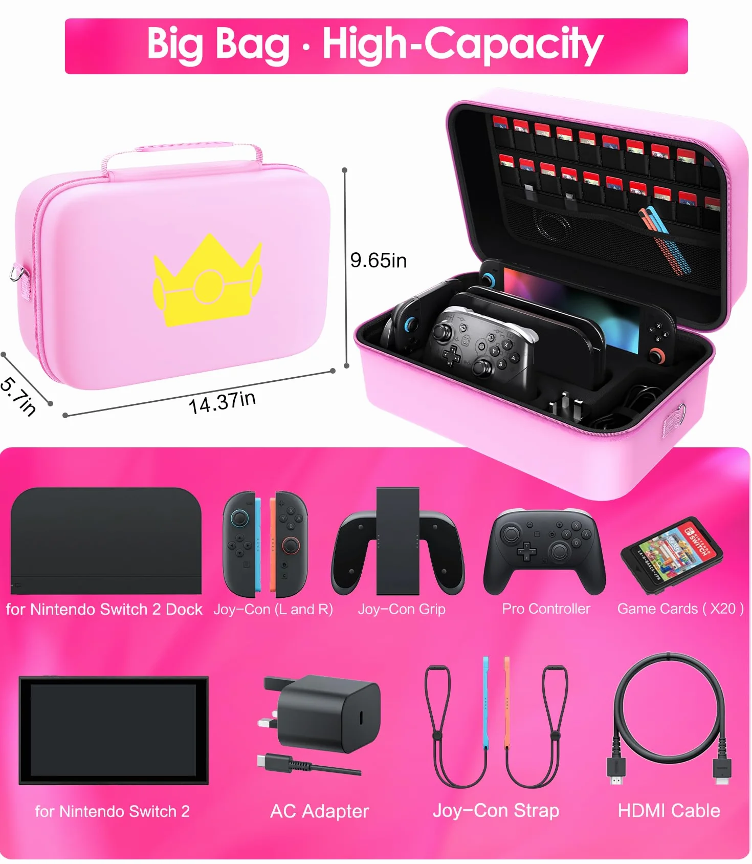 ivoler torba Kompatybilna z Nintendo Switch 2 Model 2025, Deluxe Twarda torba na przenoszenie, ochronna, przenośna osłona, etui ochronne na konsolę Switch 2, i inne akcesoria-różowy