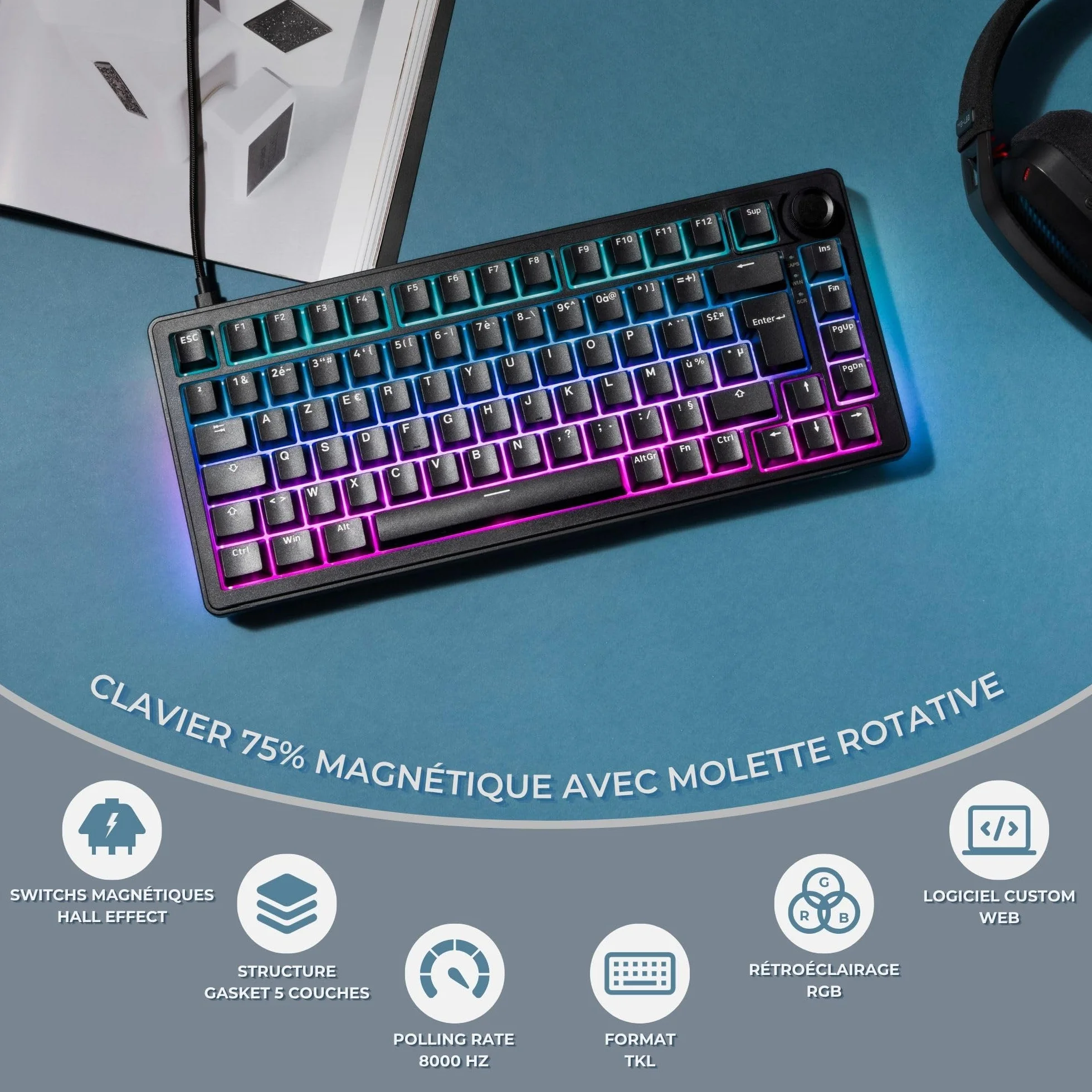 The G-Lab - KEYZ Elite 300 HE Black - Magnetyczna Klawiatura Gamingowa Hall Effect 75% AZERTY FR, Przewodowa USB, 8000Hz Rapid Trigger, Regulowana Aktywacja 0,01mm, PBT Hot-Swap, RGB i Makra - Win/Mac