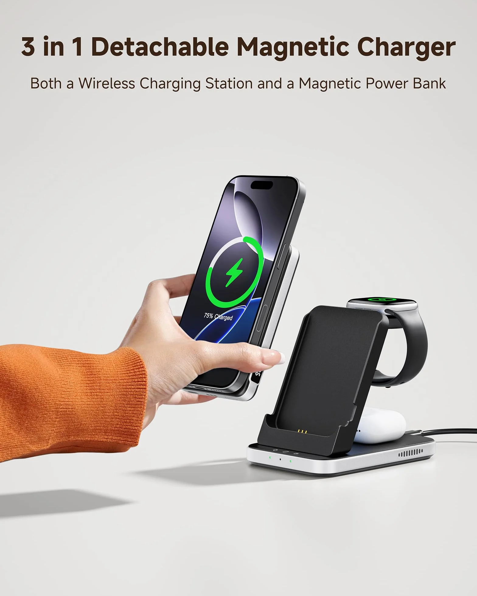 SwanScout Stacja ładująca do iPhone, 5000mAh Power Bank Kompatybilny z MagSafe, 3 w 1 Bezprzewodowa ładowarka do iPhone Air/17/16/15/14/13/12, Indukcyjna Wireless Charger dla Apple Watch/Airpods