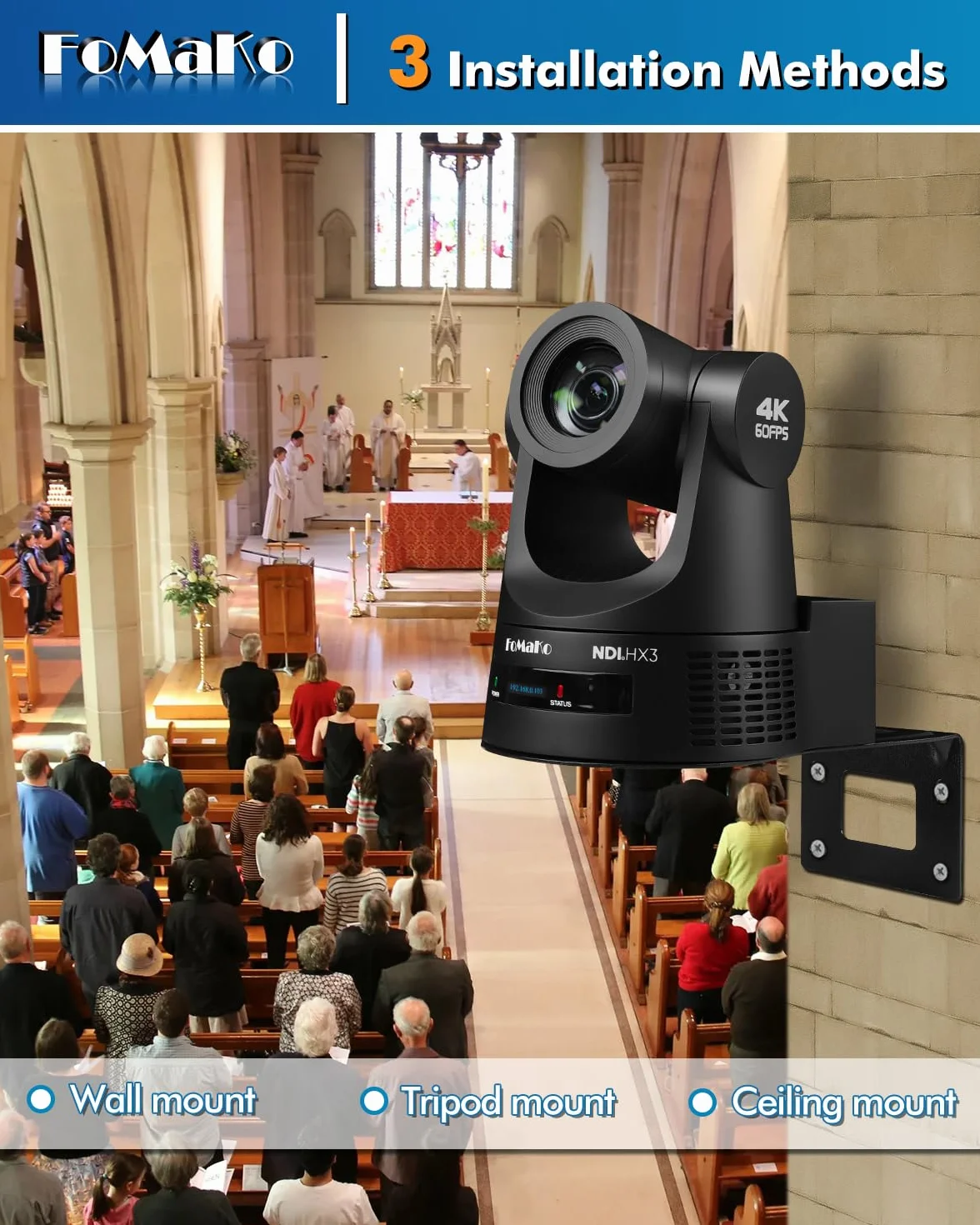 FoMaKo Kamera NDI PTZ 4K 60 kl./s, obsługuje wyjście NDI HX3 4K 60 kl./s, 20-krotny zoom optyczny, automatyczne śledzenie AI Gen 3, 3G-SDI/HDMI/NDI/USB/PoE, idealna do kultu kościoła i studia na żywo