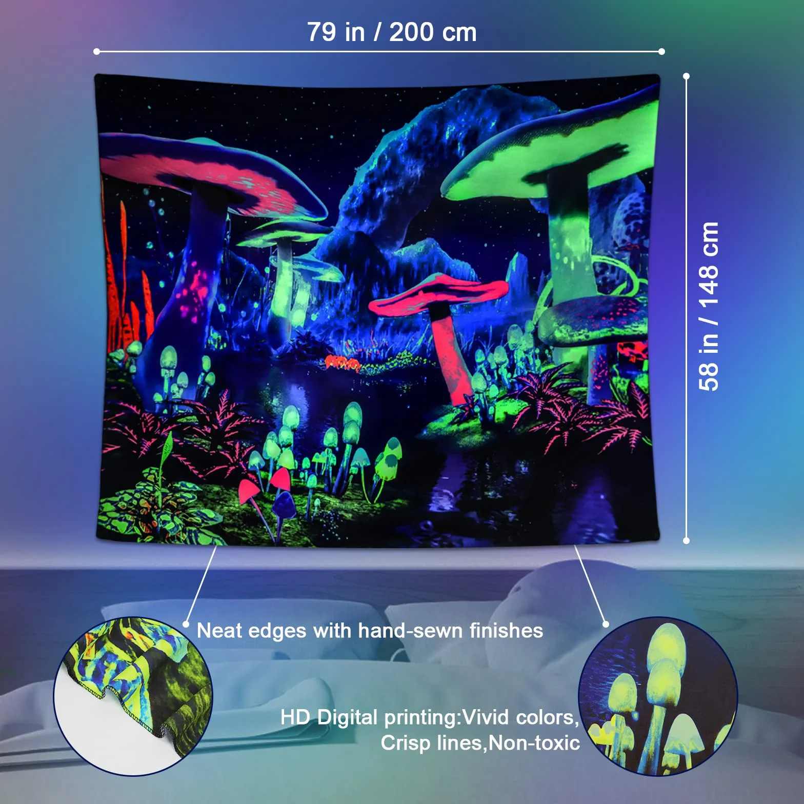 Dremisland Drzewo Życia Gobelin ścienny, czarne światło, reaktywne promieniowanie UV, plakat kolorowe tło, estetyczne słońce i księżyc, gobelin ścienny, do sypialni, dekoracja domu, L 137 x 185 cm,