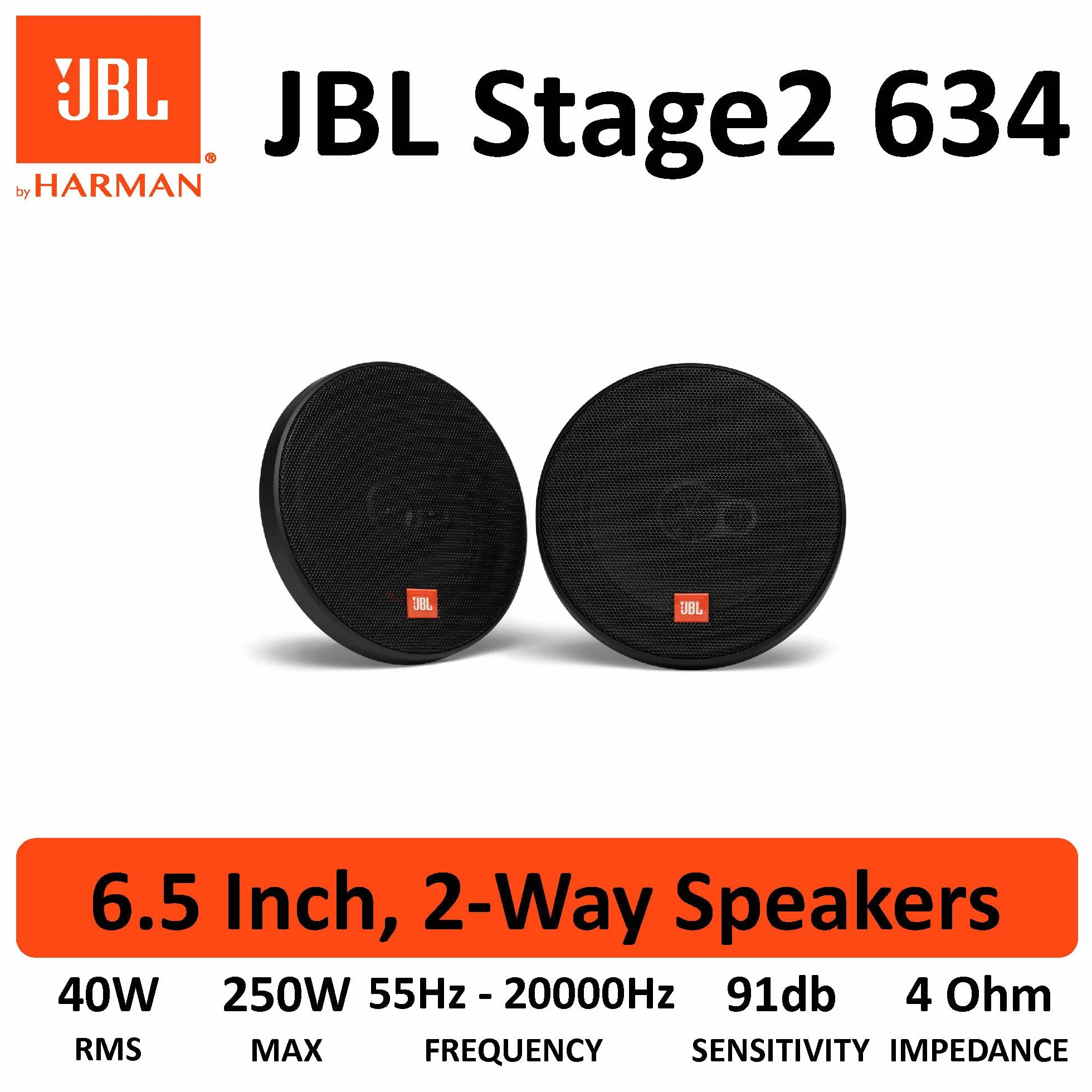 JBL Stage2 634 3-drożny zestaw głośników samochodowych firmy Harman Kardon – 250 W samochodowe głośniki samochodowe – 2 sztuki Car HiFi Box duży 16,5 cm | 165 mm | 6,5 cala