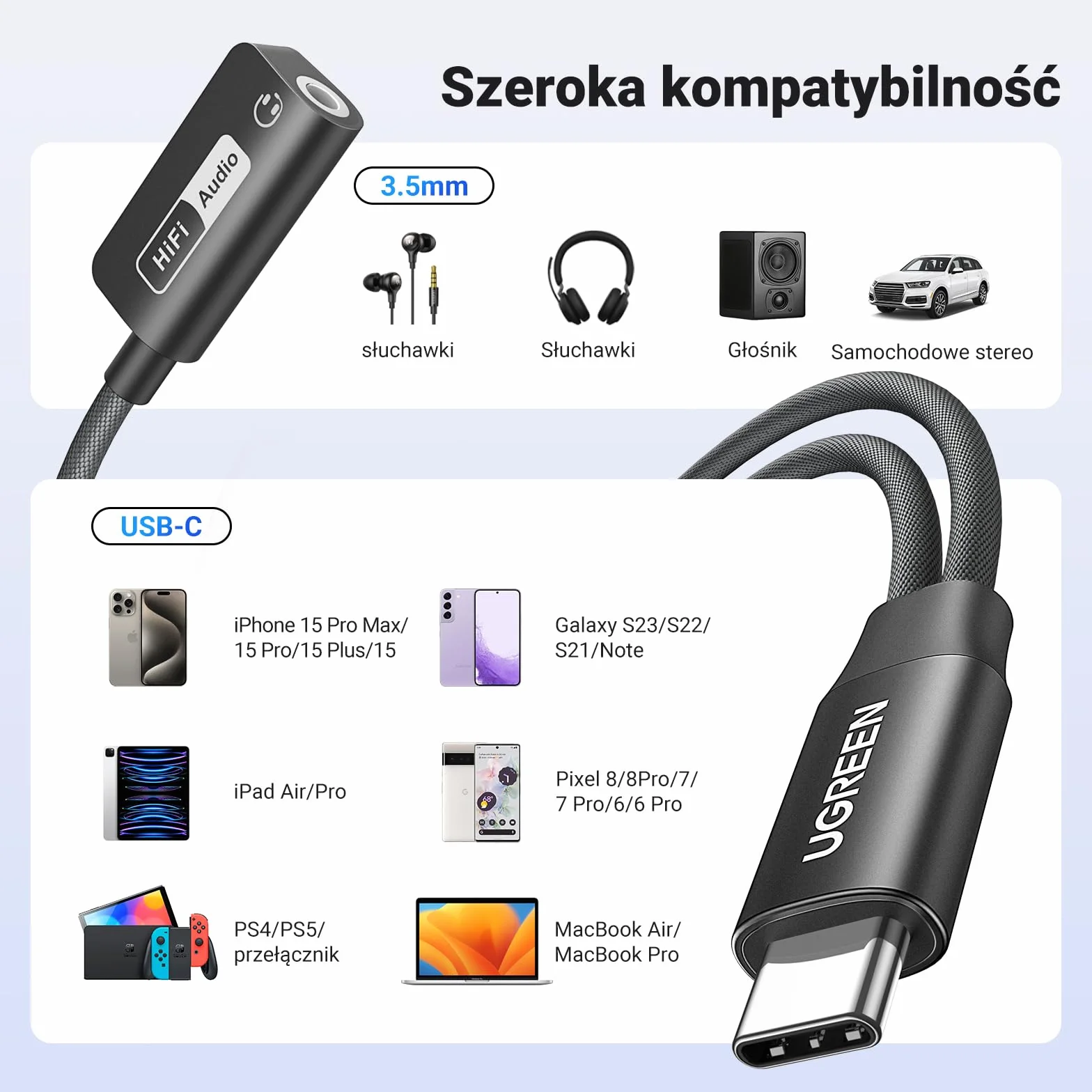 UGREEN USB C na Jack 3,5 mm Adapter z szybkim ładowaniem PD 60 W, magnetyczną kartą dźwiękową USB do iPhone'a 15, laptopa i zestawu słuchawkowego (standard CTIA/OMTP) itp.