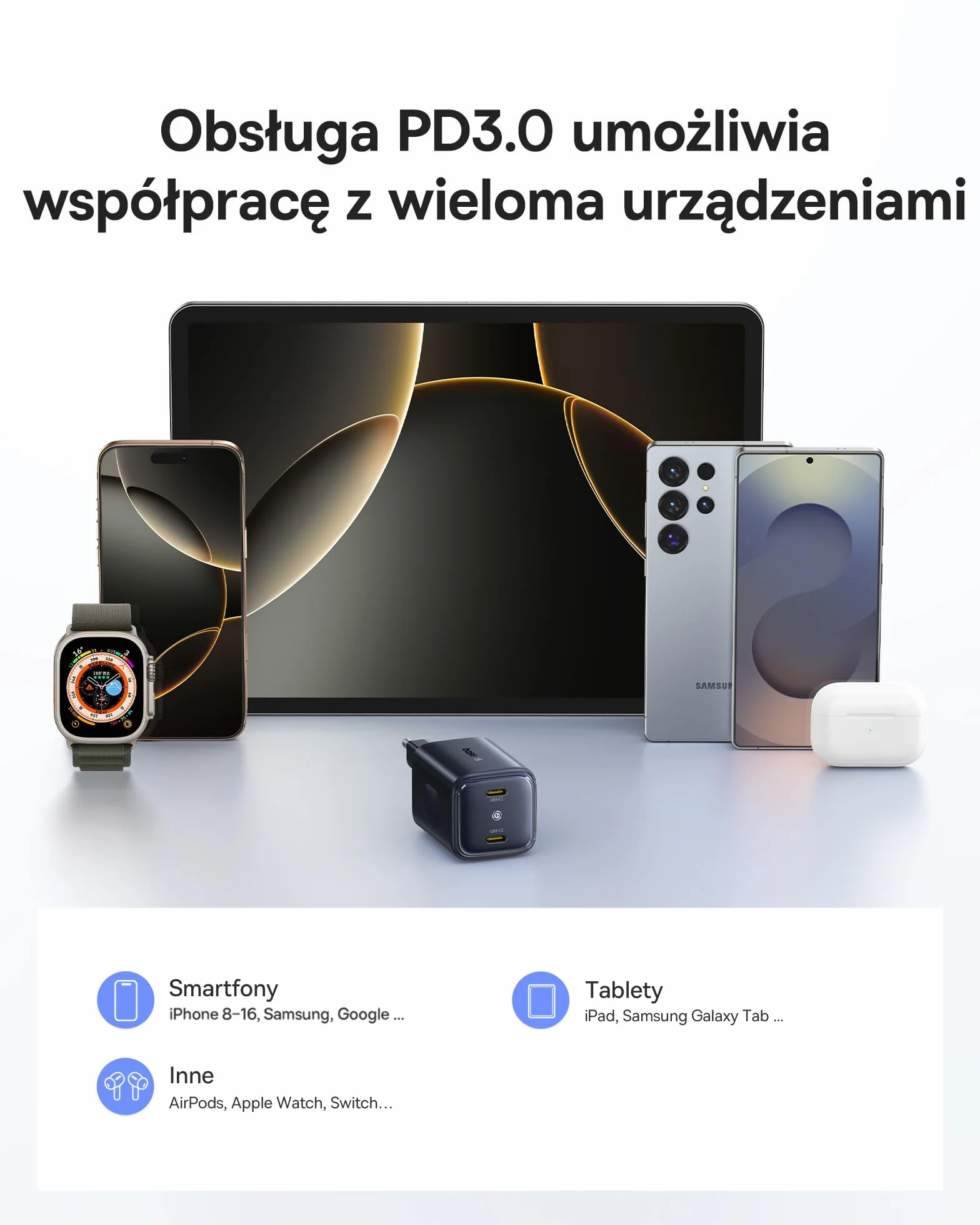 Baseus PicoGo II Ładowarka USB C 45W, 2 Porty USB C, Zasilacz PD 3.0 PPS, Szybka Ładowarka, Kompatybilna Z iPhone 17/17 Pro Max/16-12, Galaxy S25 Ultra, Pixel, iPad Pro/Air, Steam Deck