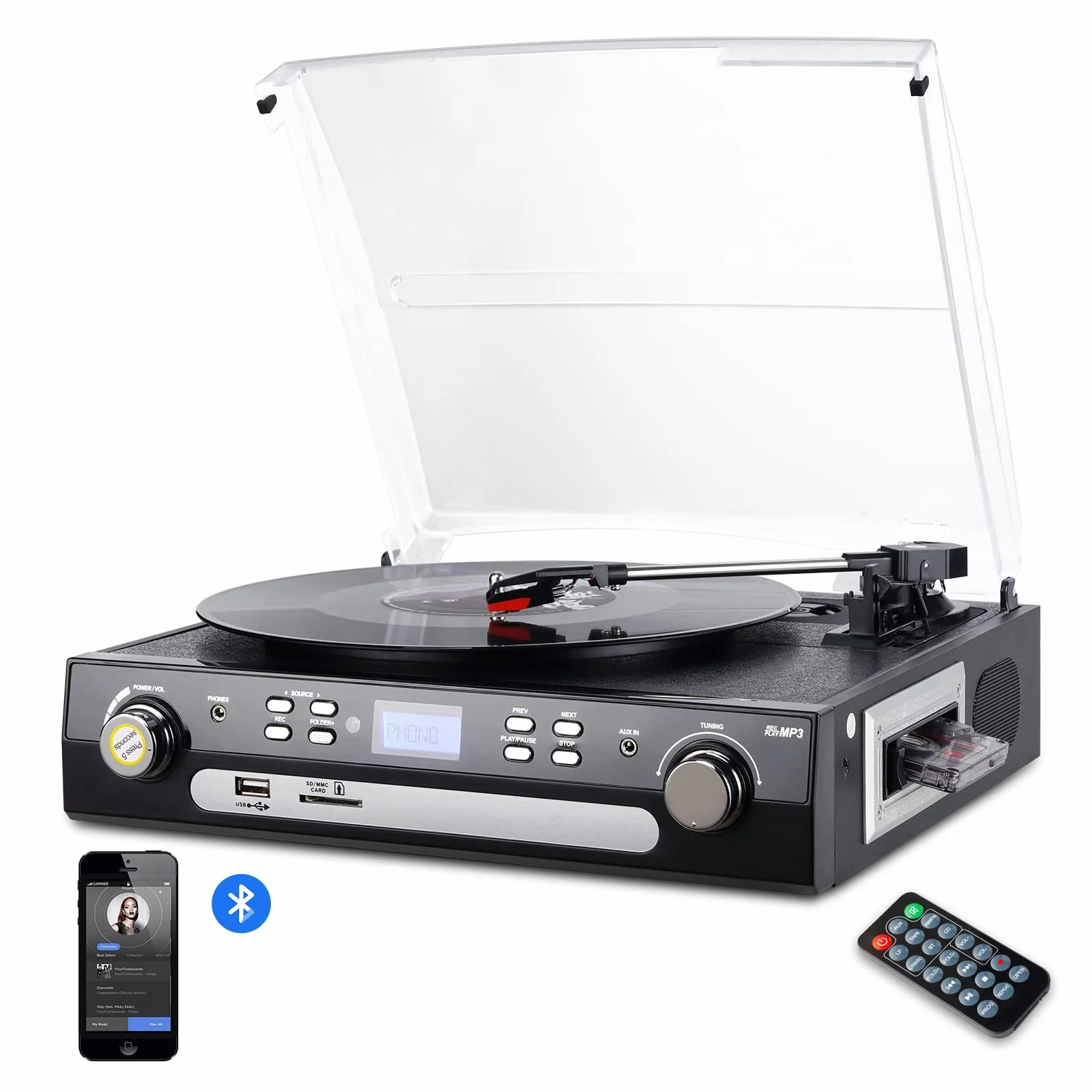 DIGITNOW! Gramofon winylowy Bluetooth, gramofon z głośnikami stereo, obsługuje kasetę, radio AM/FM, kodowanie USB z winylu do MP3
