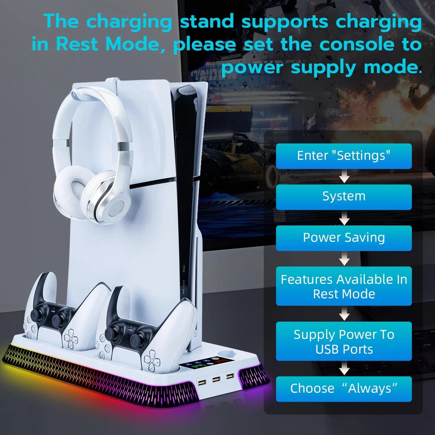 Wigearss Pionowa stacja chłodząca z wentylatorem PS5 Slim, ładowarką z dwoma kontrolerami i podświetleniem RGB dla PS5/PS5 Slim/PS5 Pro