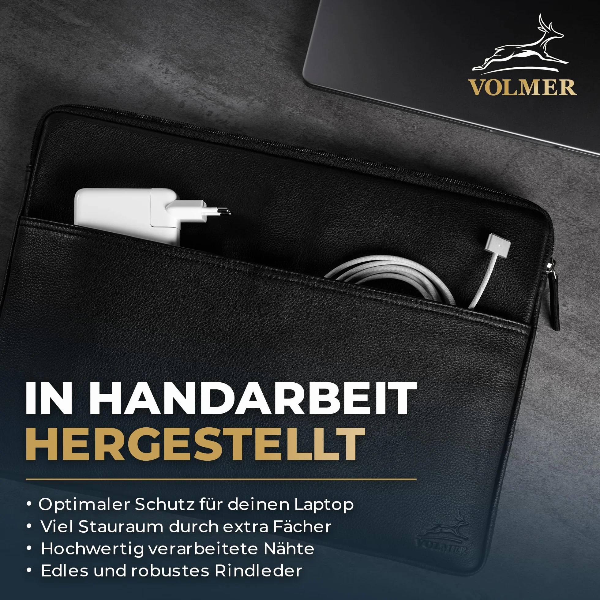 Fa.Volmer ® Etui na laptopa 13,3/15,6 cala ze szlachetnej skóry – brązowe/czarne – z metalowym zamkiem błyskawicznym – wyściełane – do MacBook, Microsoft Surface i wielu innych