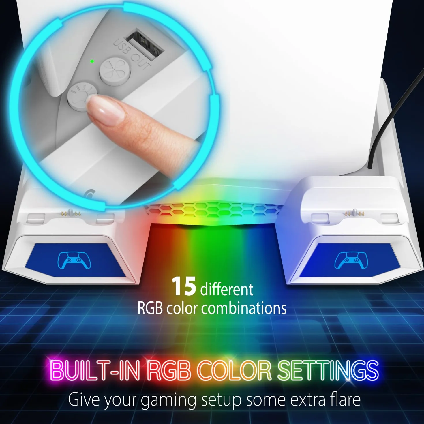 Fosmon Stacja stojąca i chłodząca PS5 z oświetleniem RGB LED, podwójna stacja ładująca do kontrolera DualSense/Edge, 10 gniazd gier, uchwyt na słuchawki (kompatybilne z Playstation 5 Slim Disc i