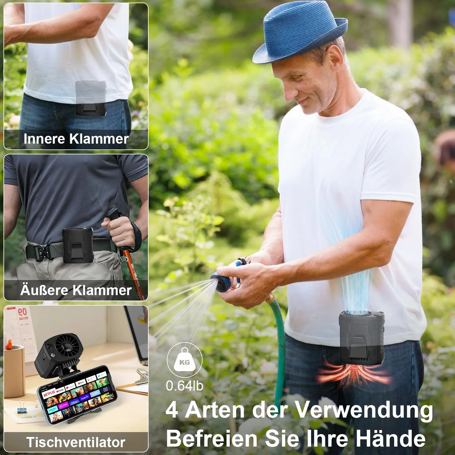 COTOP Przenośny wentylator z klipsem w talii, 4 prędkości, mini wentylator 6000 mAh, akumulator z uchwytem na telefon komórkowy i paskiem do zawieszenia, na kemping, wędrówki
