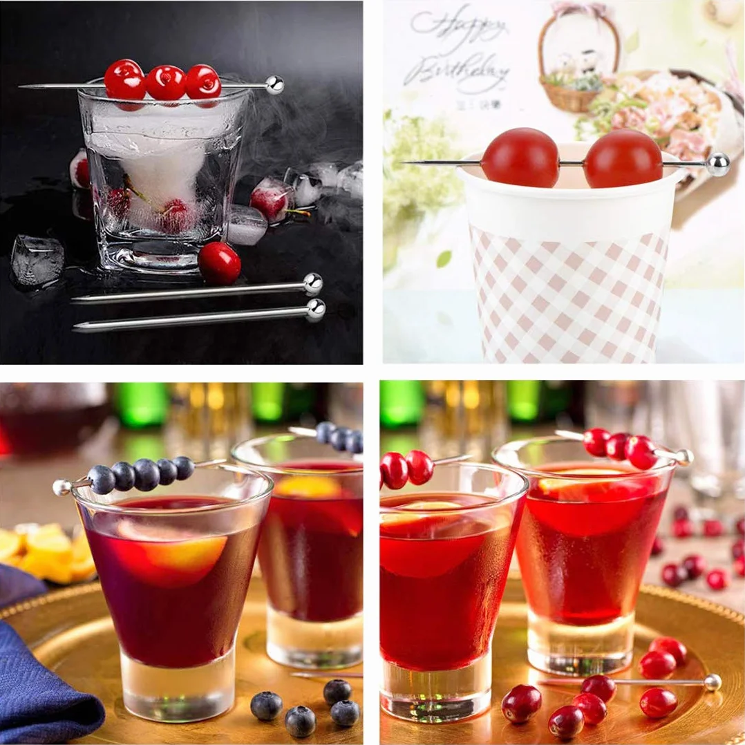 Zestaw patyczków koktajlowych 20 szt. patyczków do owoców ze stali nierdzewnej, wielokrotnego użytku kostki do napojów przystawki wykałaczki do Martini, 4 style, srebrne