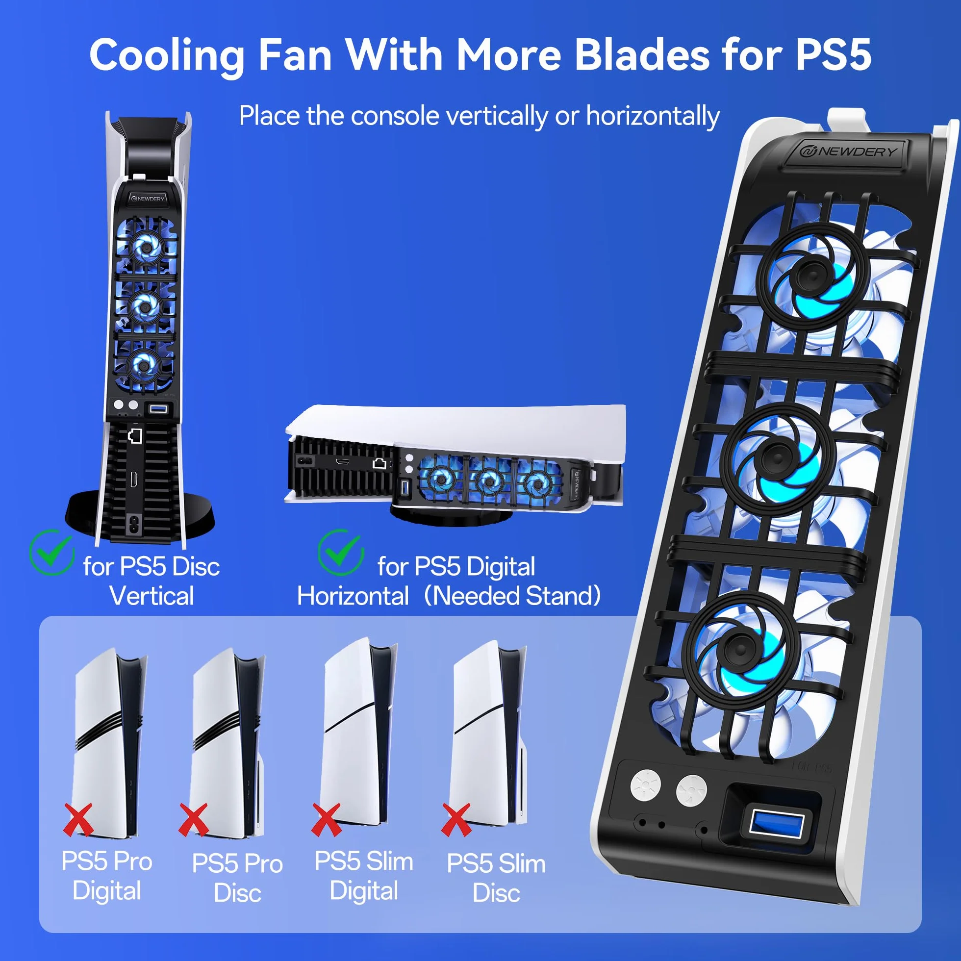 NEWDERY Wentylator do akcesoriów PS5, ulepszony cichy wentylator, automatyczna prędkość obrotowa dostosowana do temperatury, dynamiczne oświetlenie RGB, pasuje do PlayStation 5, nie pasuje do PS5 Slim