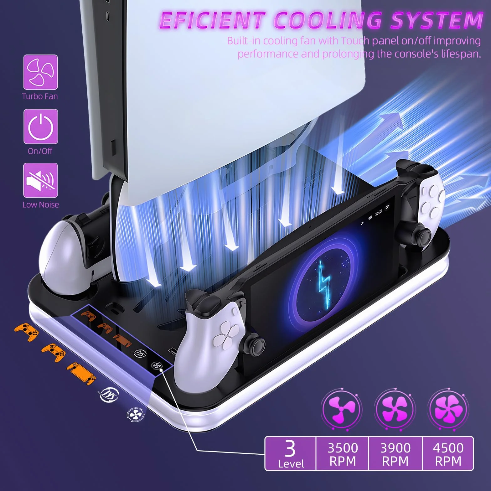 PS5/PS5 Slim stojak z wentylatorem chłodzącym, podstawa chłodząca do PS5 z 3 poziomami wentylatora/lampkami LED/haczykiem na słuchawki, akcesoria do PS-5/PS-5 Slim