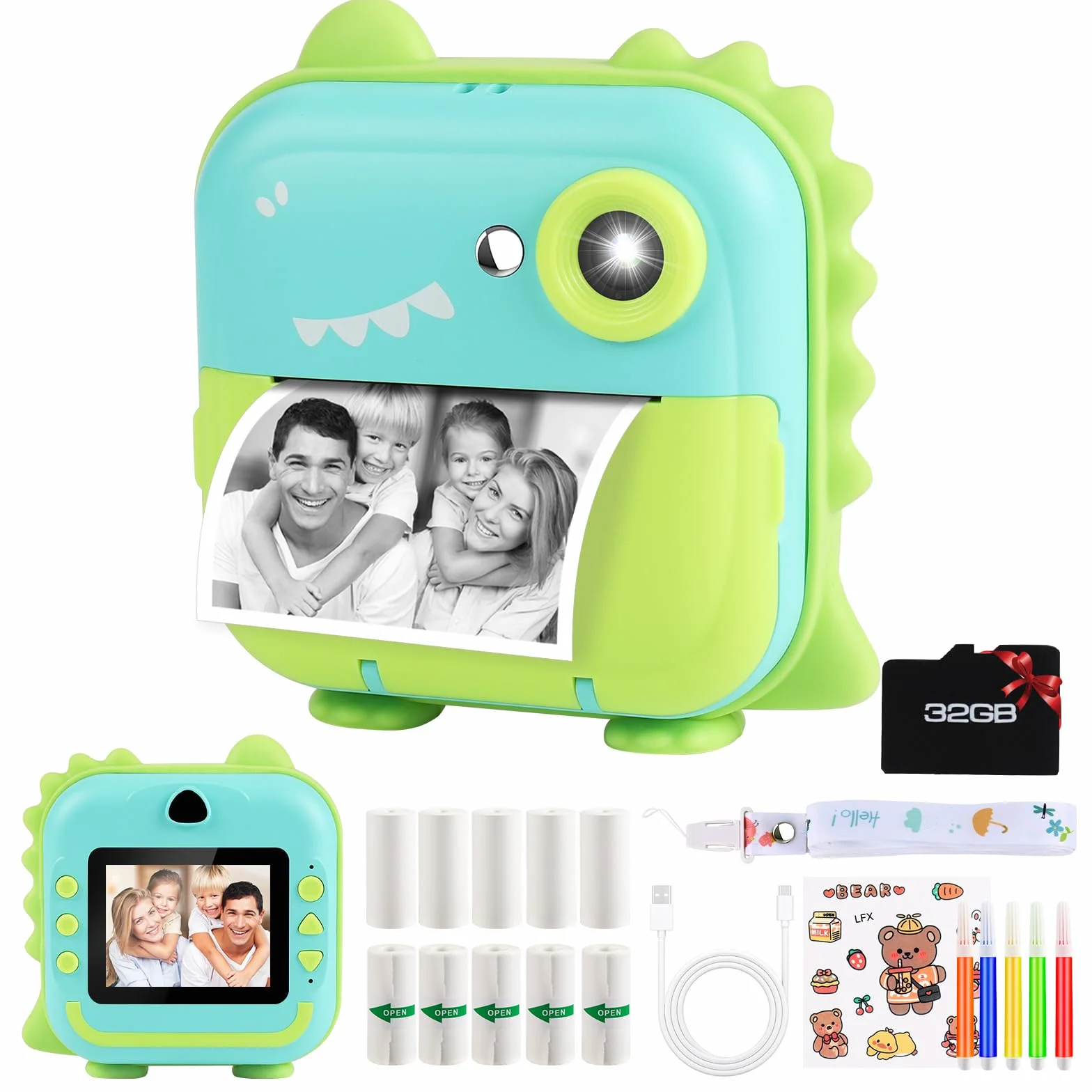 GuKKK Aparat Cyfrowy dla Dzieci 1080P - Ekran 2,4 Cala, Natychmiastowy, z Kartą 32 GB, 10 Rolek Papieru do Drukowania, 5 Kolorowych Długopisów - Prezent