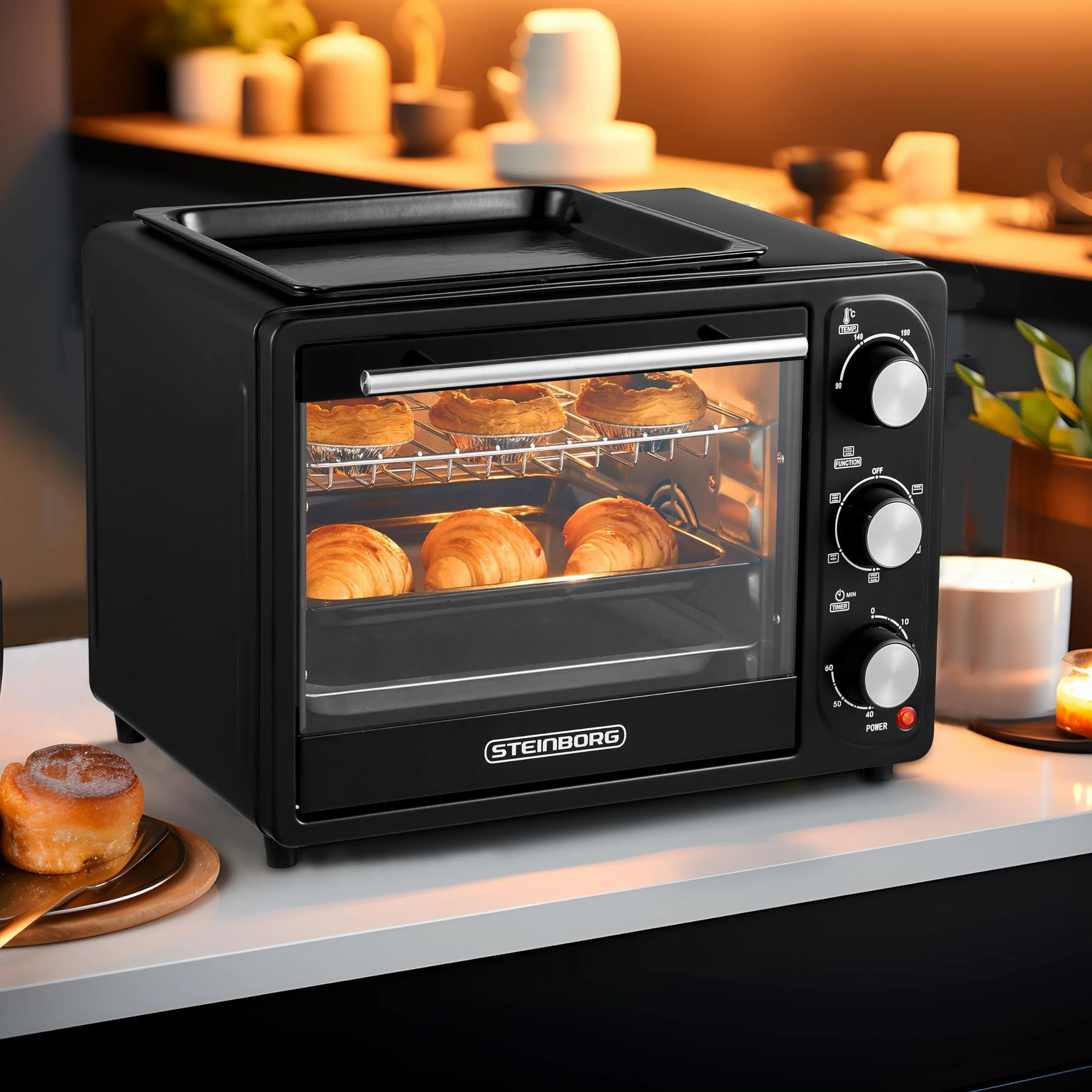 Mini piekarnik 3 w 1, 20 l, z konwekcją, z płytą utrzymującą ciepło, 2 blachy do pieczenia + ruszt do grillowania, mini piekarnik do pizzy, możliwość przełączania obiegu, zdejmowana płyta grillowa, 60